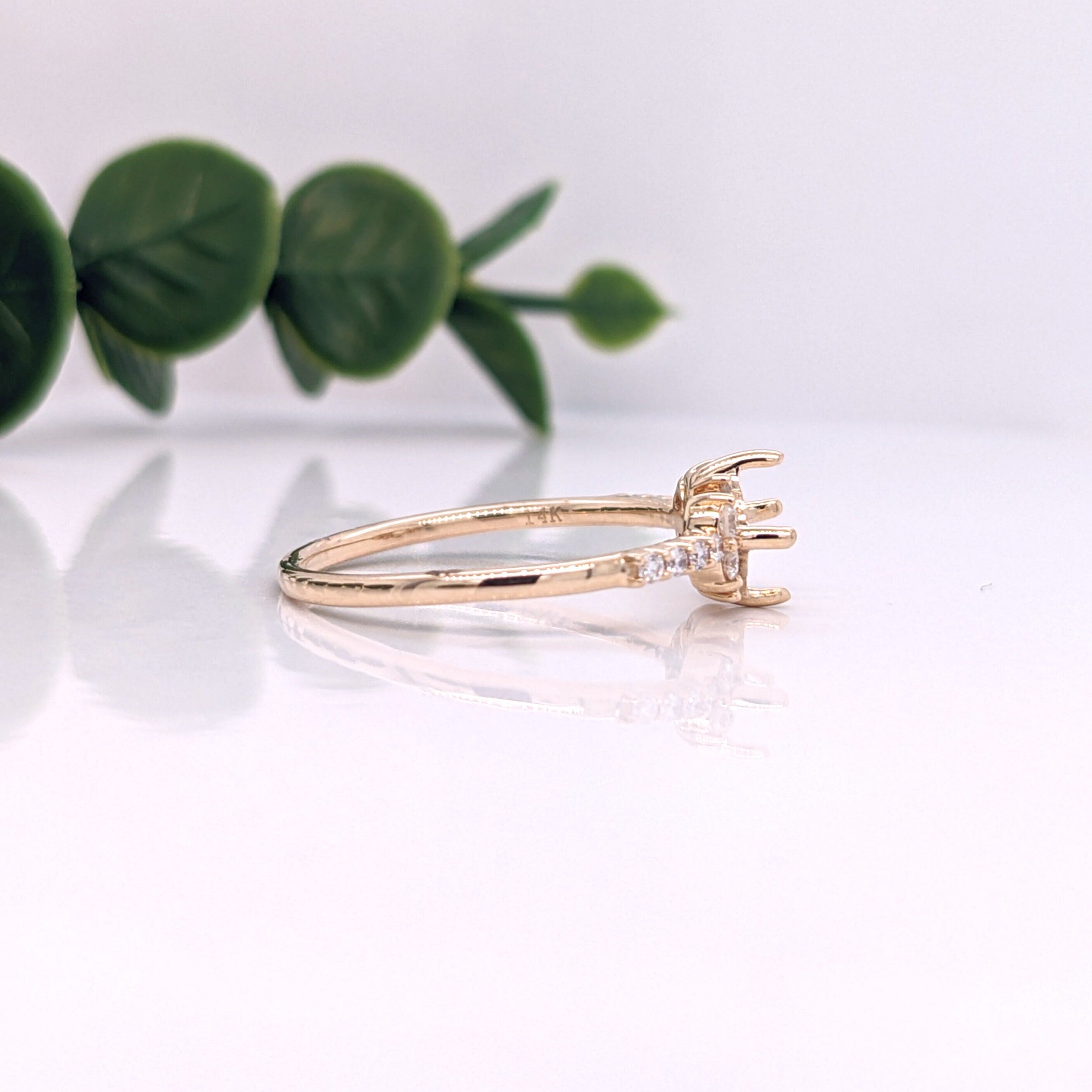 Statement Rings-Dainty Ring Setting w Natural Diamond Accents in 14K Solid Gold | Asscher Cut 4mm 4.5mm 5mm | Compass Prongs | Gemstone Ring | Customizable - NNJGemstones
