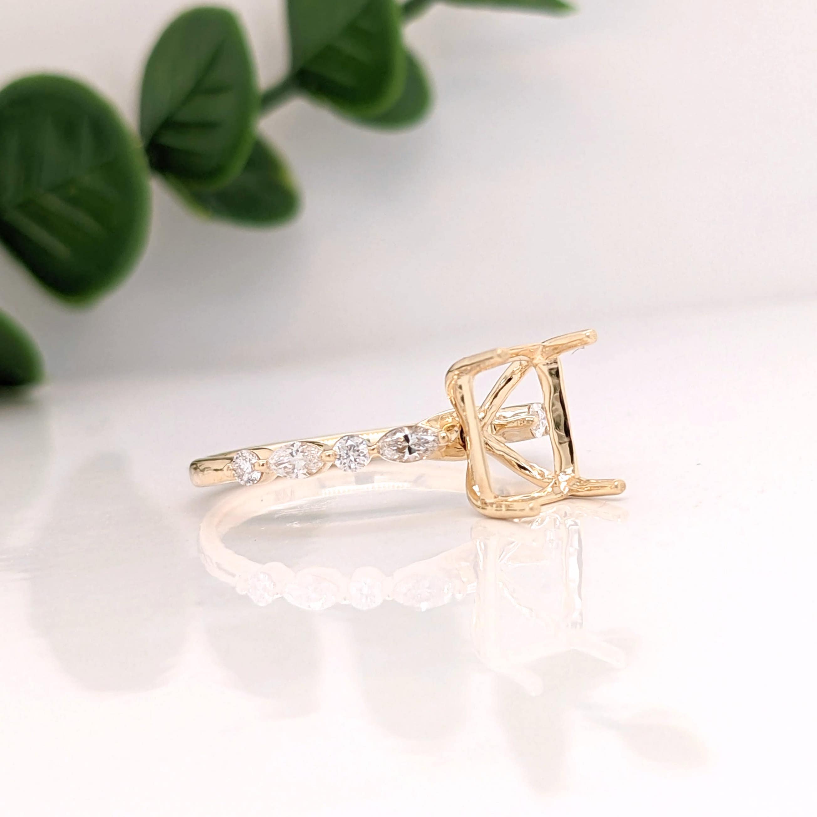 Statement Rings-Elegant Round & Marquise Diamond Shank Ring Setting in 14K Solid Gold | Emerald Cut 7x5 8x6 9x7 | Stackable | Engagement Ring | Customizable - NNJGemstones