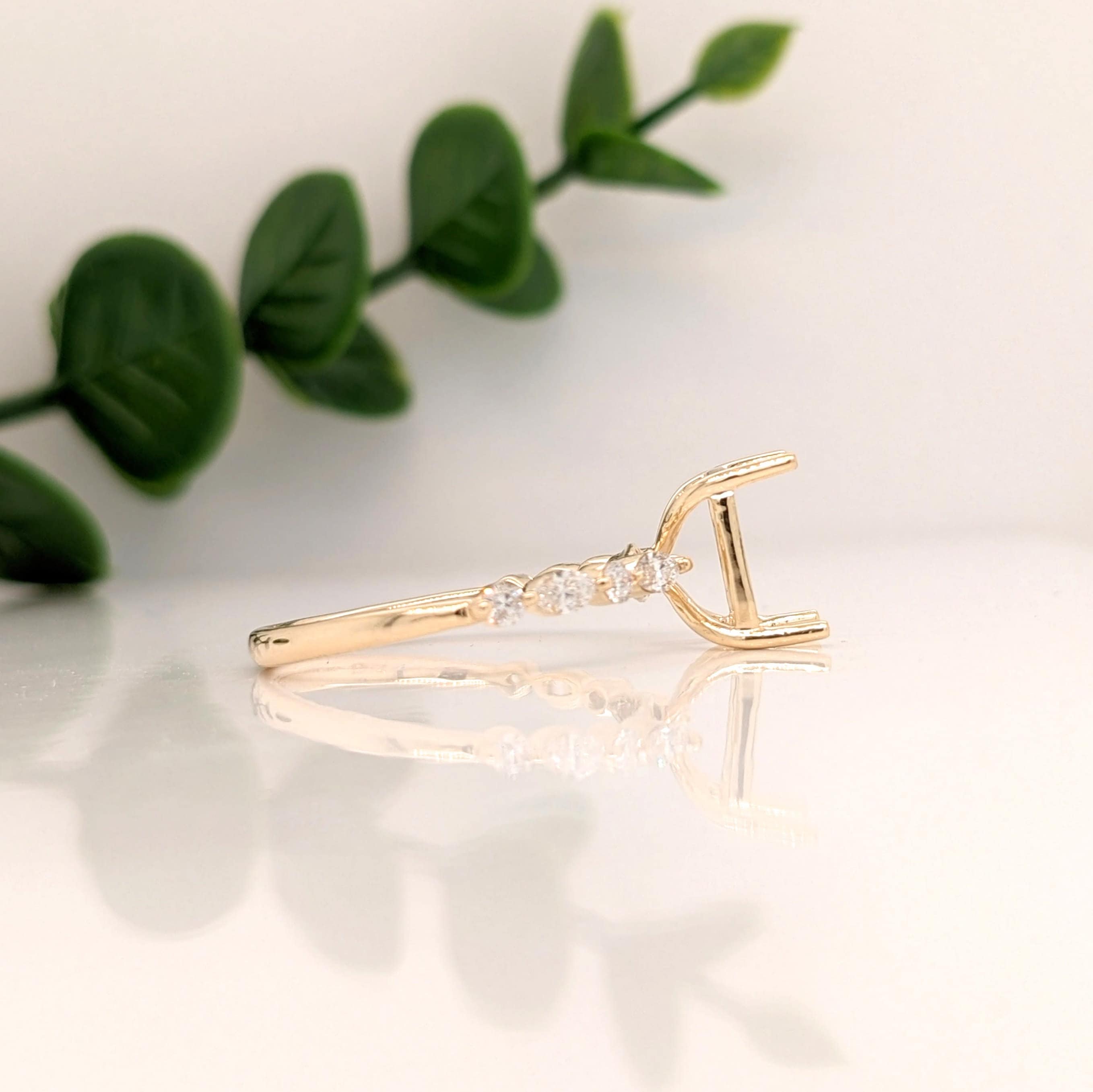 Statement Rings-Elegant Round & Marquise Diamond Shank Ring Setting in 14K Solid Gold | Emerald Cut 7x5 8x6 9x7 | Stackable | Engagement Ring | Customizable - NNJGemstones