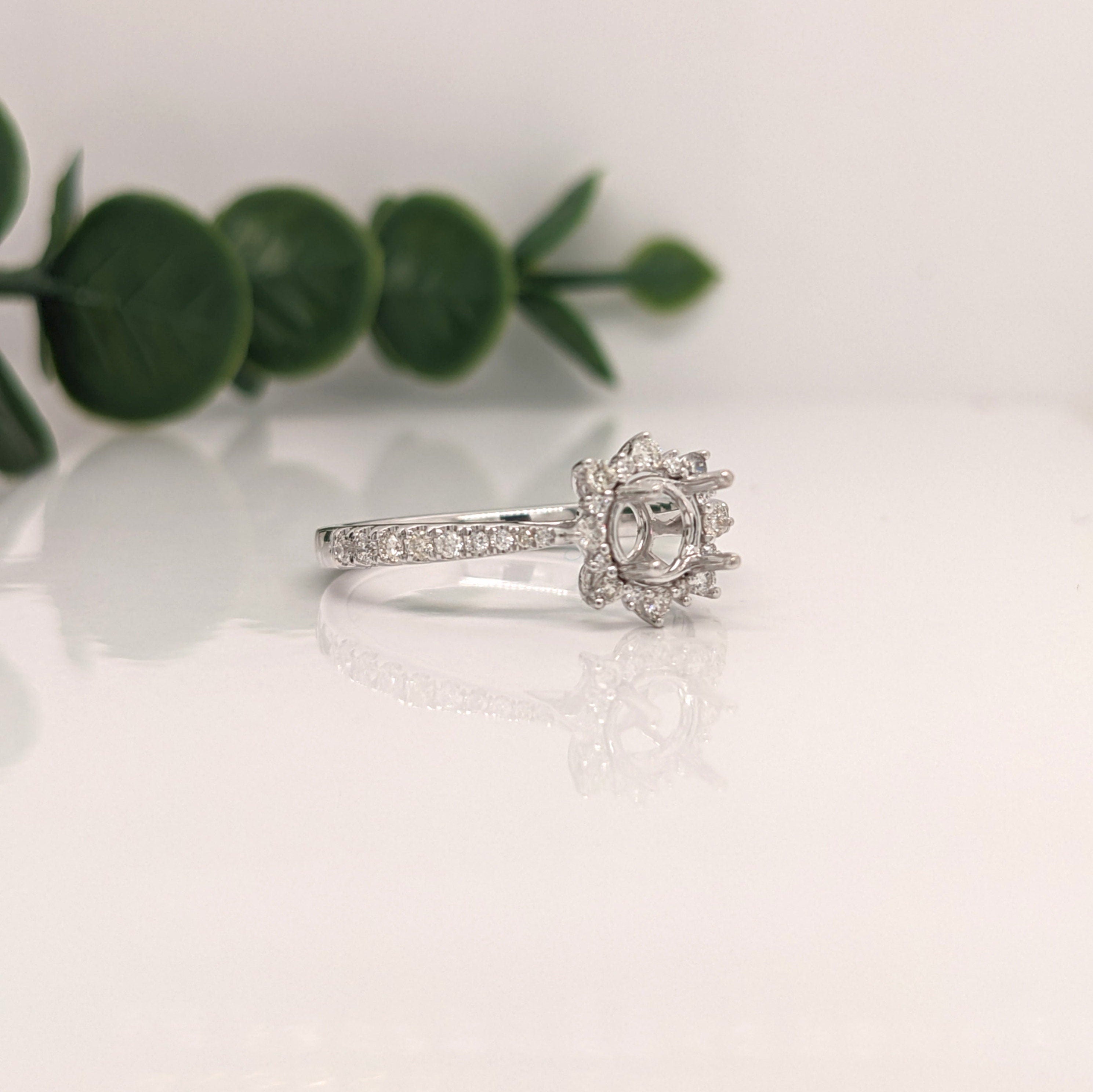 Engagement Rings-Snowflake Diamond Halo Ring Semi Mount in 14K Solid Gold | Round 5mm 6mm 6.5mm | Tapered Ring | Art Deco Engagement | Customizable - NNJGemstones