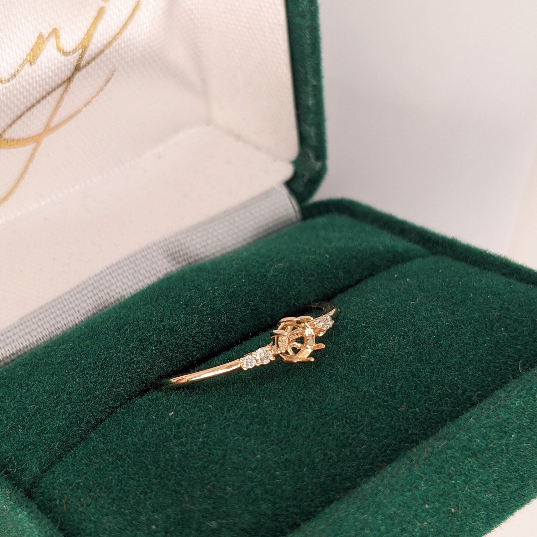 Statement Rings-Tasteful Ring Semi Mount w Diamond Accents | 14K Solid Gold | Round 4mm 5mm | Petite Ring | Ring Blank | 8 prong | Gemstone Setting | Custom - NNJGemstones