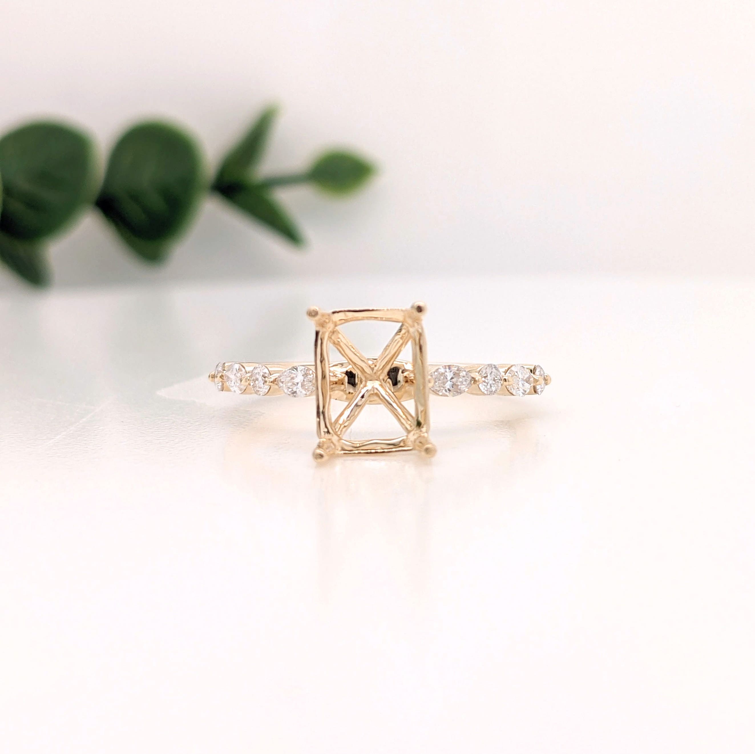 Statement Rings-Elegant Round & Marquise Diamond Shank Ring Setting in 14K Solid Gold | Emerald Cut 7x5 8x6 9x7 | Stackable | Engagement Ring | Customizable - NNJGemstones