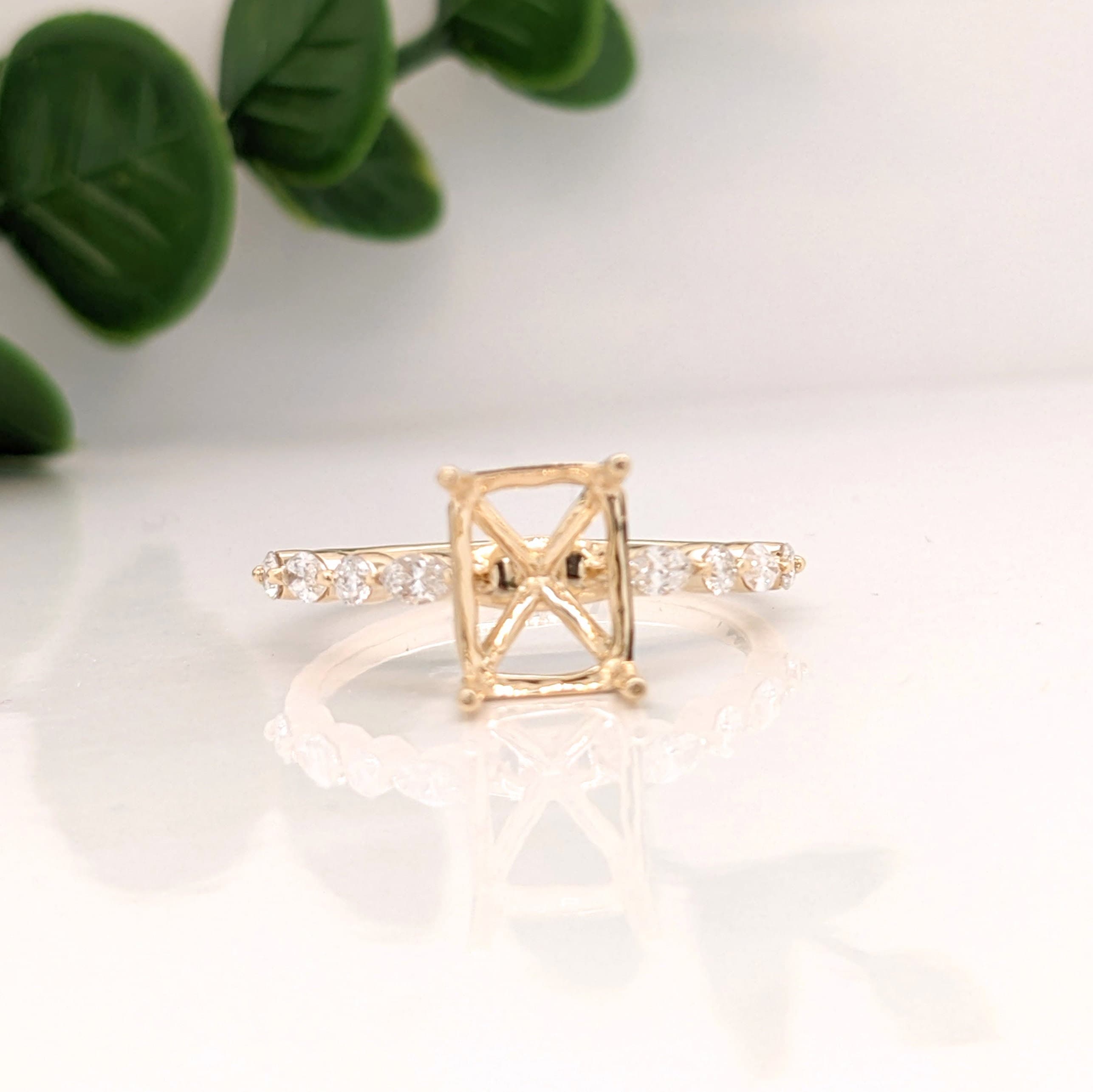 Statement Rings-Elegant Round & Marquise Diamond Shank Ring Setting in 14K Solid Gold | Emerald Cut 7x5 8x6 9x7 | Stackable | Engagement Ring | Customizable - NNJGemstones