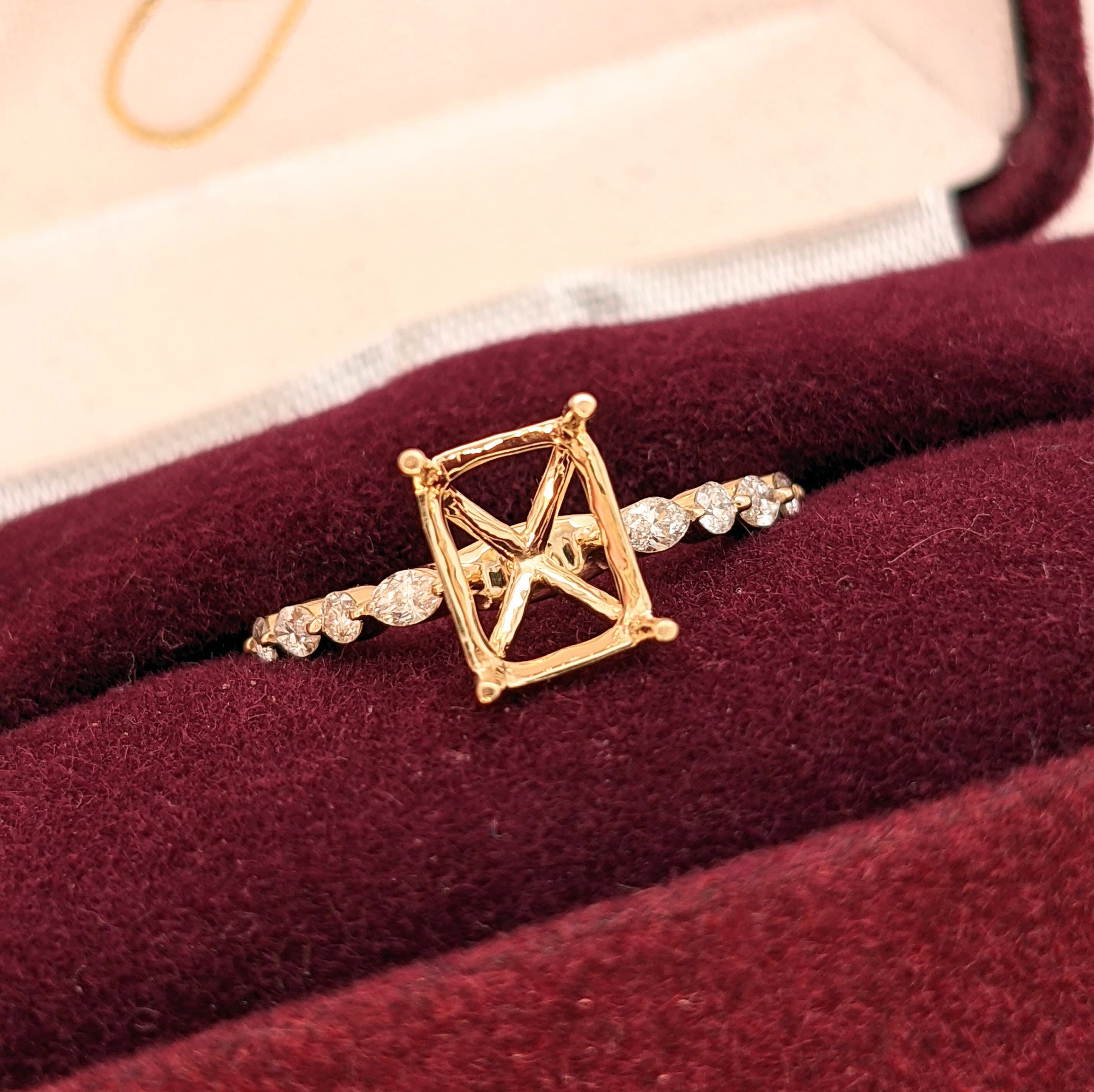 Statement Rings-Elegant Round & Marquise Diamond Shank Ring Setting in 14K Solid Gold | Emerald Cut 7x5 8x6 9x7 | Stackable | Engagement Ring | Customizable - NNJGemstones