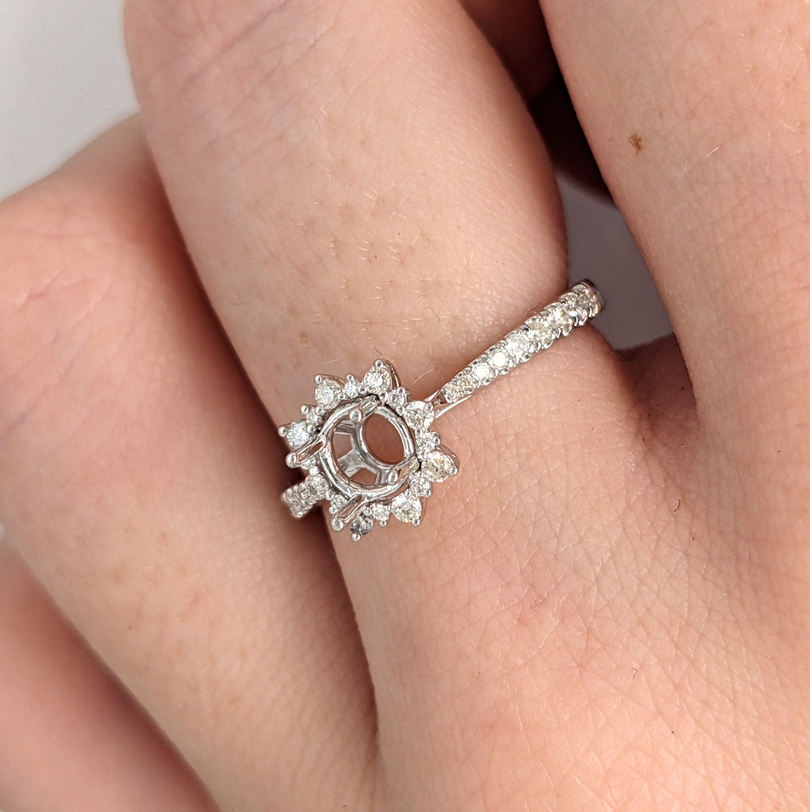 Engagement Rings-Snowflake Diamond Halo Ring Semi Mount in 14K Solid Gold | Round 5mm 6mm 6.5mm | Tapered Ring | Art Deco Engagement | Customizable - NNJGemstones