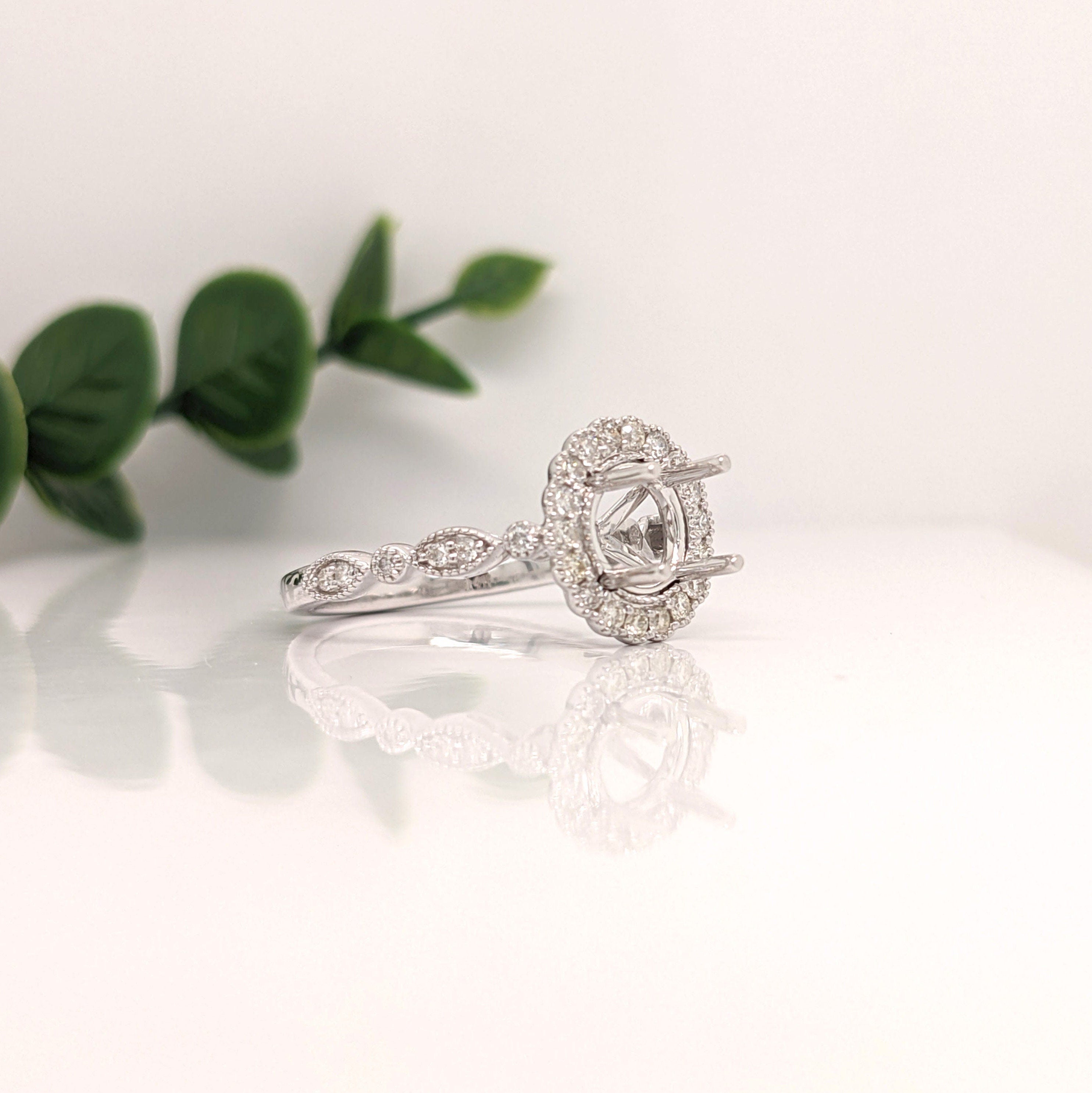 Statement Rings-Vintage Inspired Ring Setting w Natural Diamond Halo in 14K Solid Gold | Round 6.5mm 8mm | Gemstone Ring | Fine Jewelry | Customizable - NNJGemstones