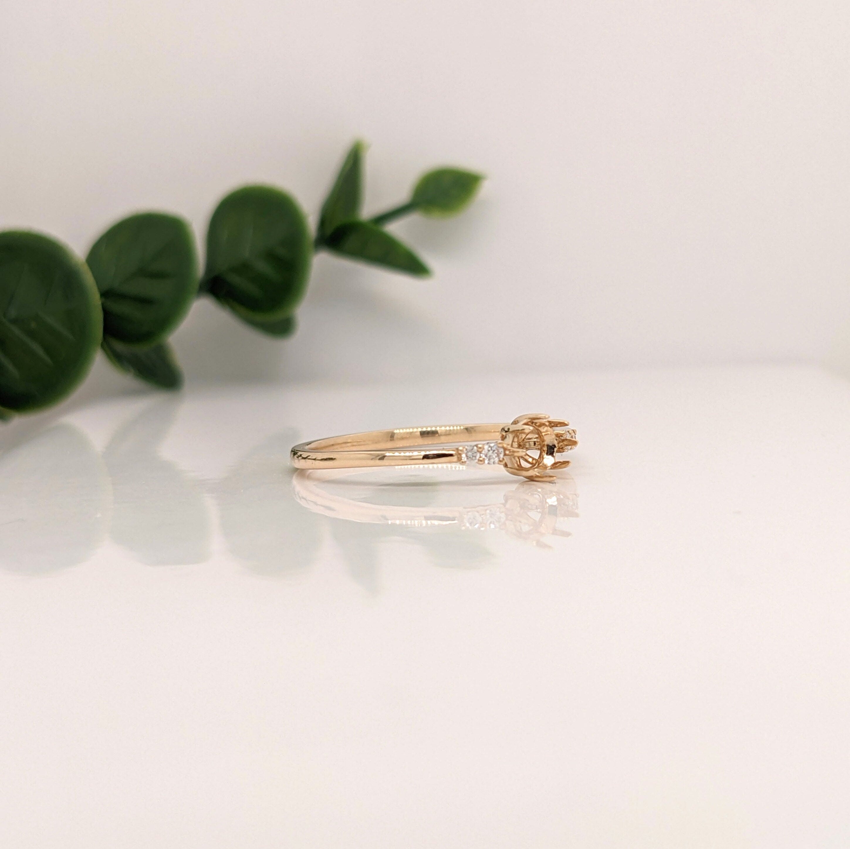 Statement Rings-Tasteful Ring Semi Mount w Diamond Accents | 14K Solid Gold | Round 4mm 5mm | Petite Ring | Ring Blank | 8 prong | Gemstone Setting | Custom - NNJGemstones