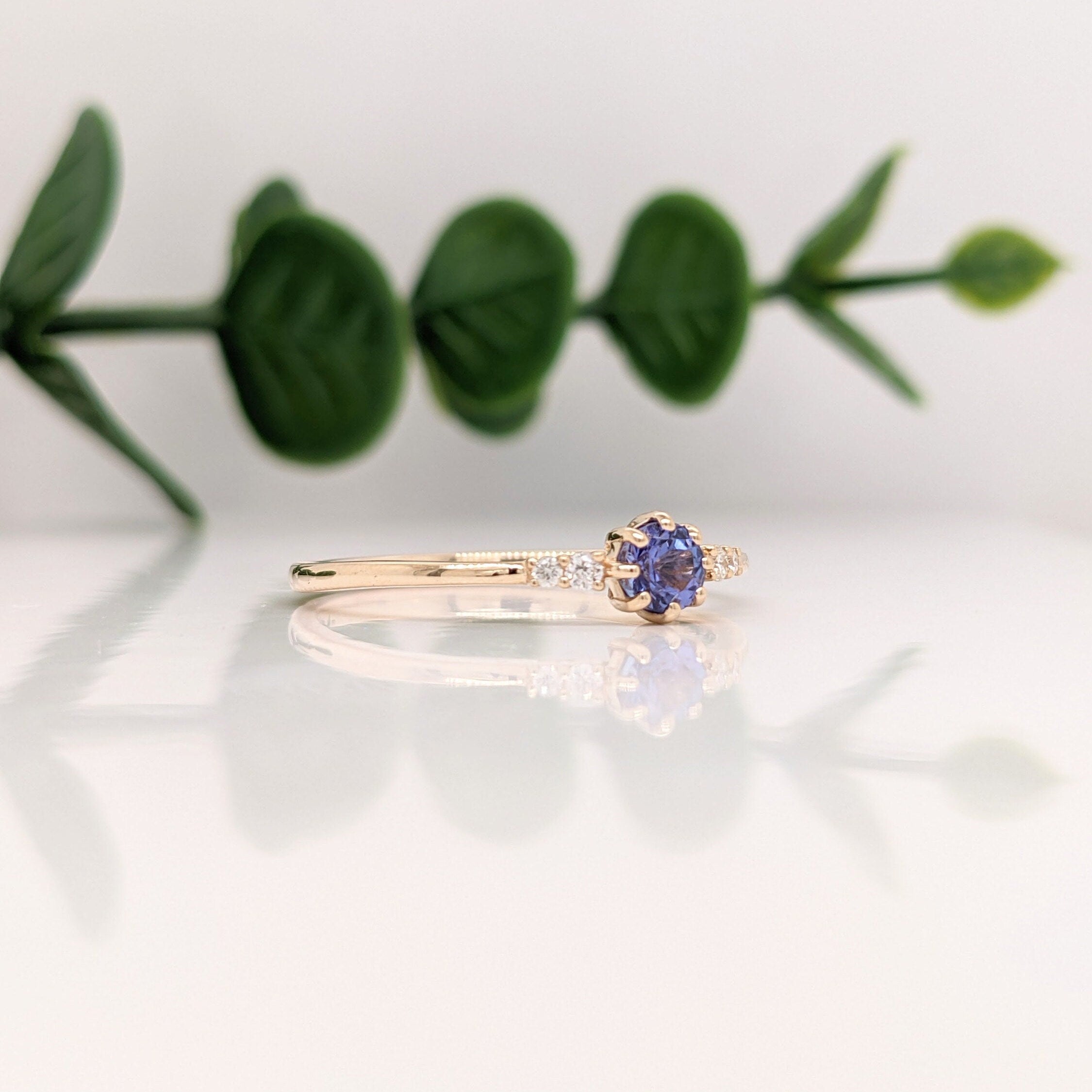 Statement Rings-Tasteful Ring Semi Mount w Diamond Accents | 14K Solid Gold | Round 4mm 5mm | Petite Ring | Ring Blank | 8 prong | Gemstone Setting | Custom - NNJGemstones