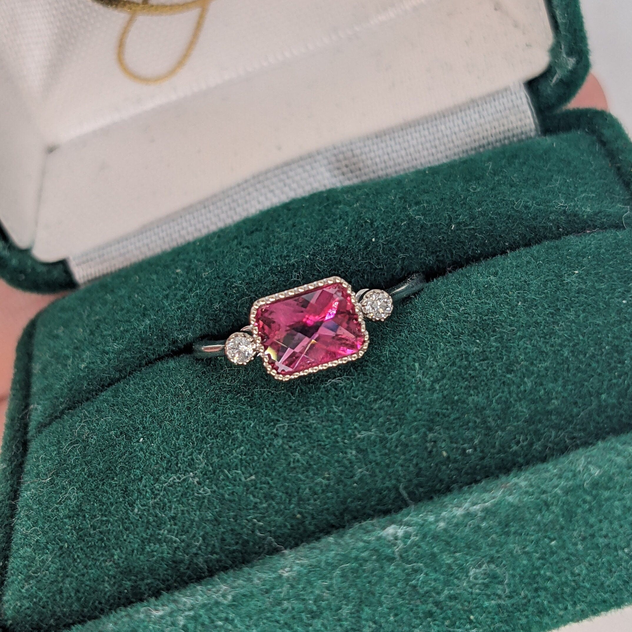 Statement Rings-Cute Emerald Cut Ring Semi Mount in Solid 14k Gold w Diamond Accents | Milgrain Detail | 6x4 7x5 8x6 9x7 10x8 | East West Ring | Bezel Set - NNJGemstones