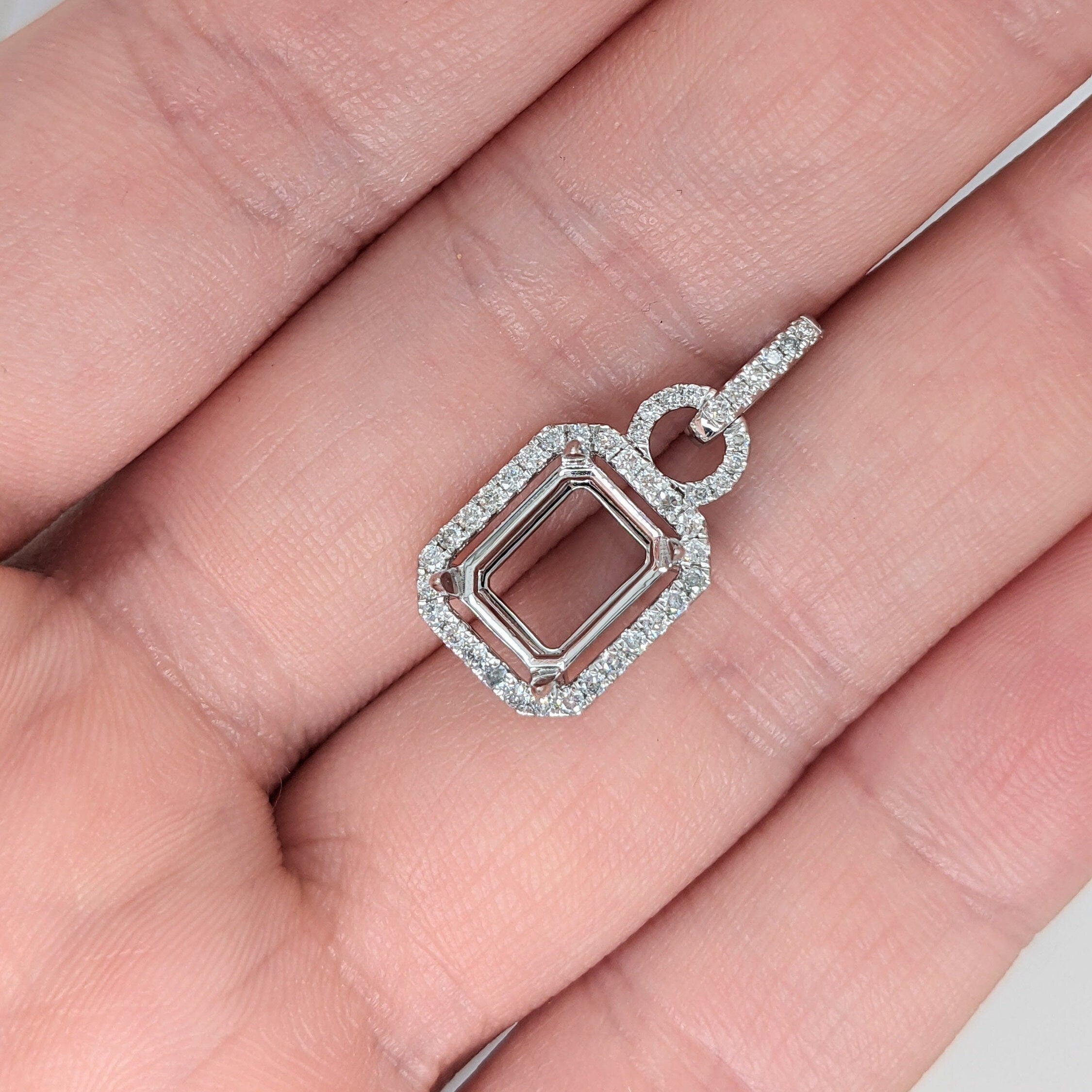 Pendants-Glamorous Pendant Setting W Natural Diamond Accents in 14K Solid Gold | Emerald Cut 9x7 10x8 11x9 | Pave Diamond Bail | Customizable - NNJGemstones