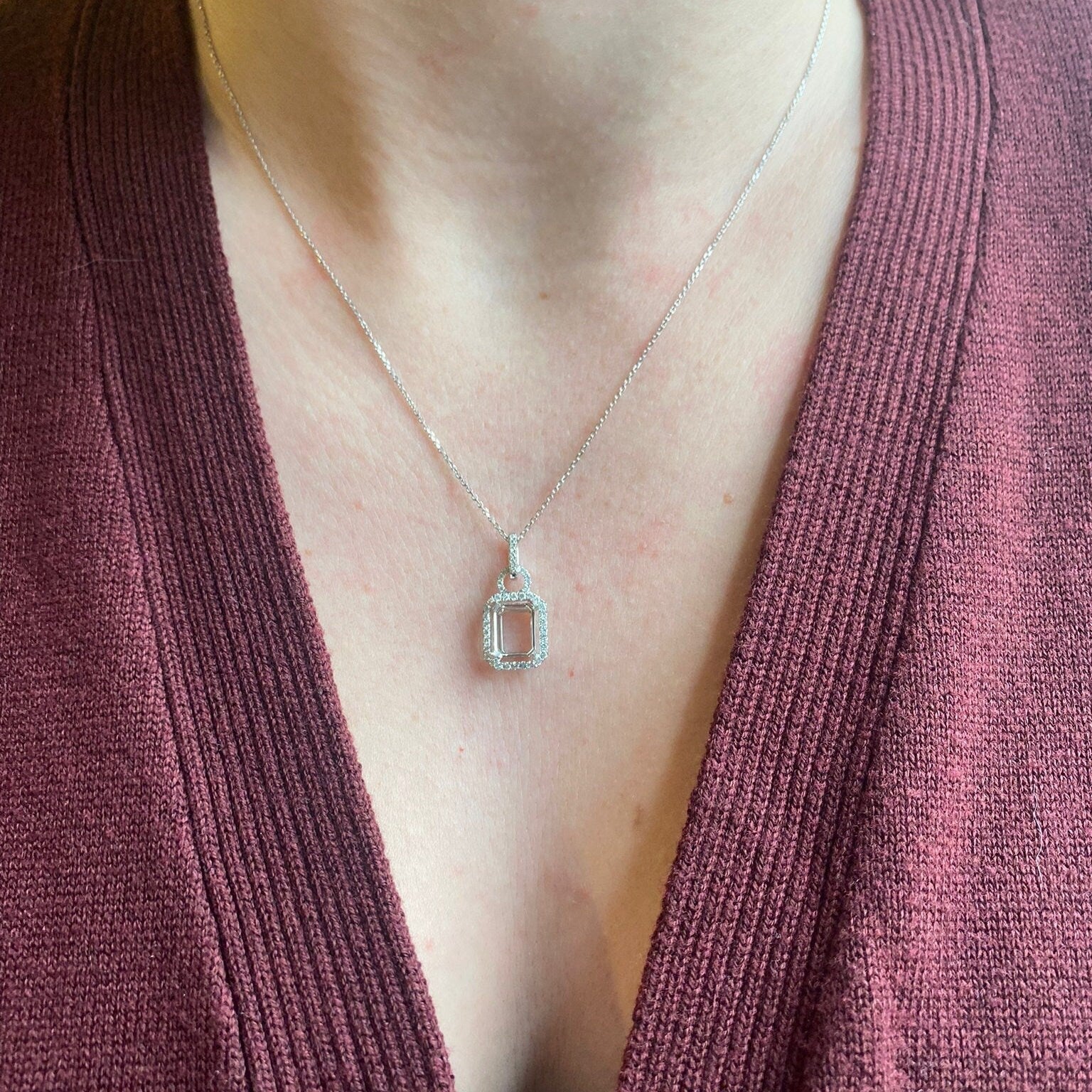 Pendants-Glamorous Pendant Setting W Natural Diamond Accents in 14K Solid Gold | Emerald Cut 9x7 10x8 11x9 | Pave Diamond Bail | Customizable - NNJGemstones