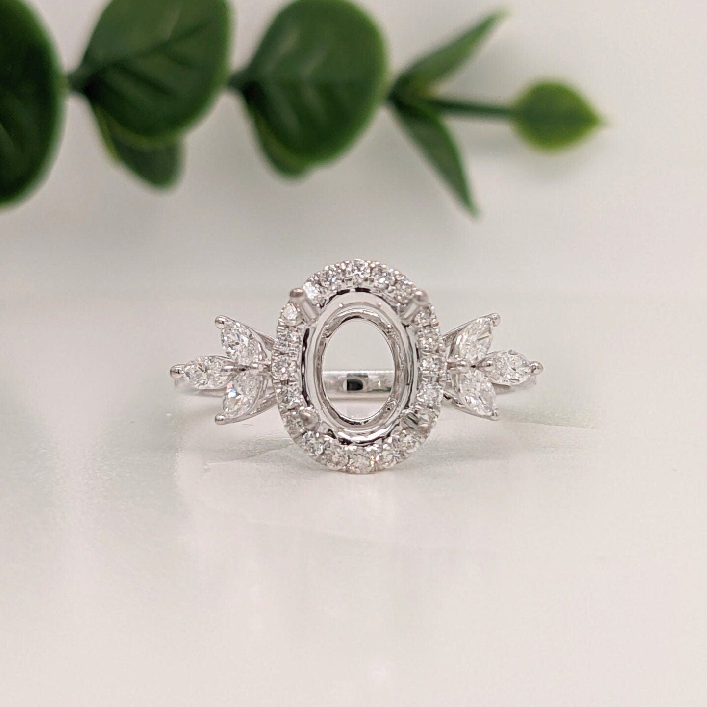 Statement Rings-Leaf Themed Accent Ring Setting W Natural Diamond Halo in 14K Solid Gold | Oval 7x5 8x6 9x7 | Gemstone Ring | Engagement Ring | Customizable - NNJGemstones