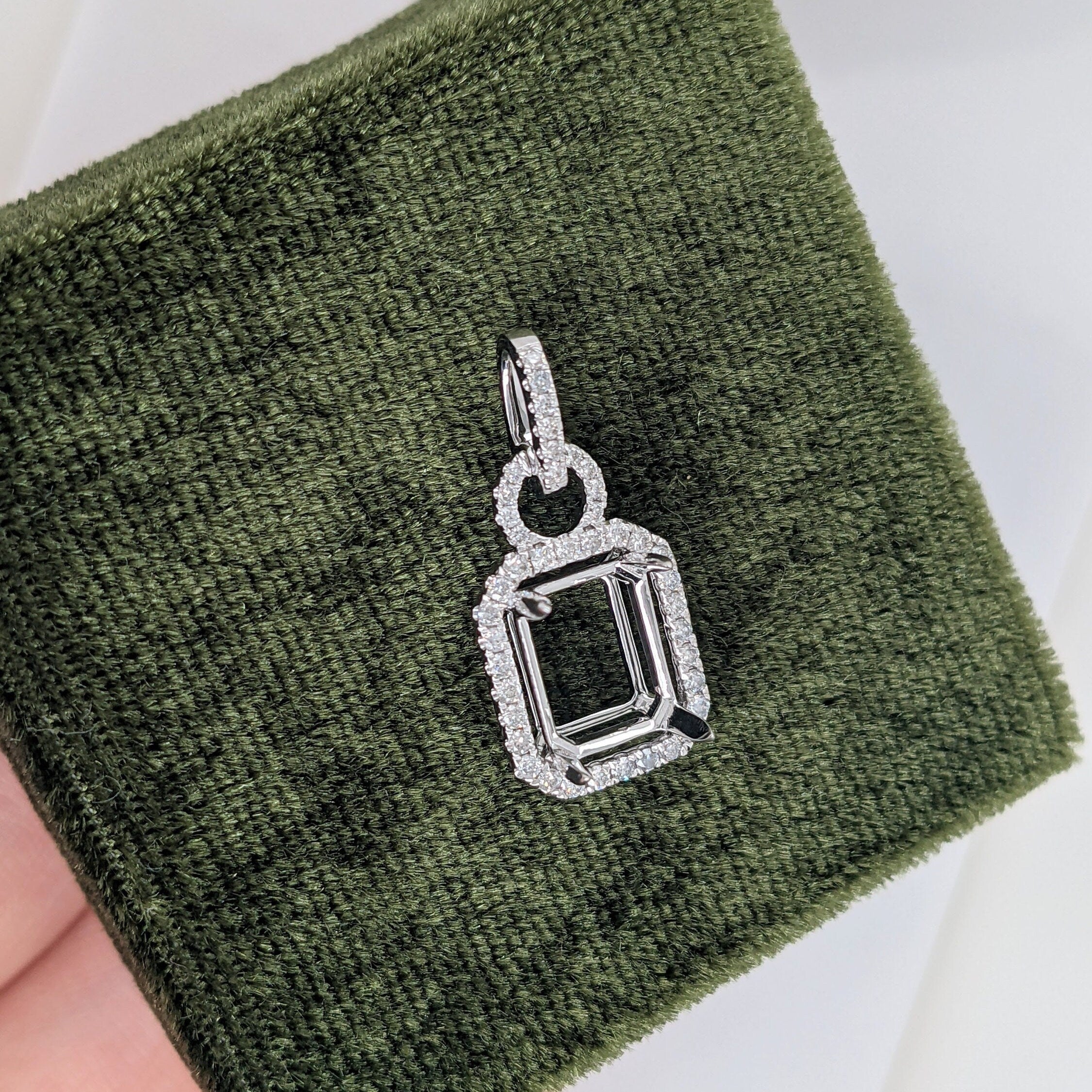 Pendants-Glamorous Pendant Setting W Natural Diamond Accents in 14K Solid Gold | Emerald Cut 9x7 10x8 11x9 | Pave Diamond Bail | Customizable - NNJGemstones