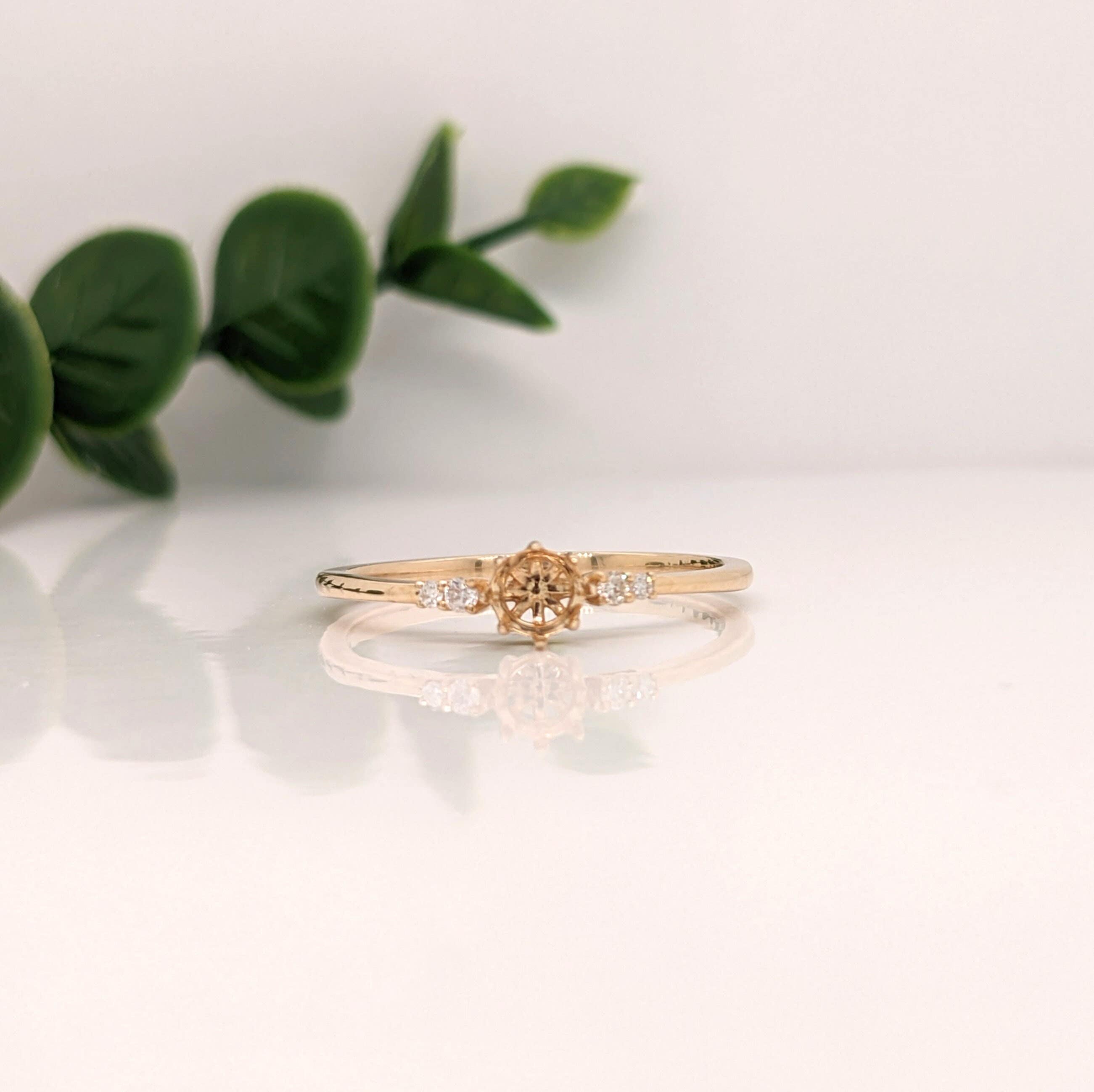 Statement Rings-Tasteful Ring Semi Mount w Diamond Accents | 14K Solid Gold | Round 4mm 5mm | Petite Ring | Ring Blank | 8 prong | Gemstone Setting | Custom - NNJGemstones