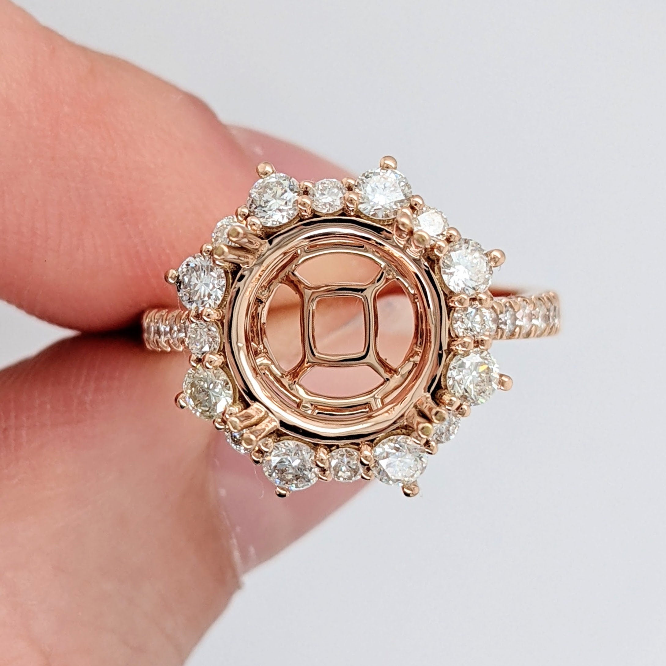 Engagement Rings-Stunning Engagement Ring Semi-Mount in 14k Gold with Diamond Halo | Art Deco | Cushion Asscher Radiant 9mm | Double Prong | Custom Sizes - NNJGemstones