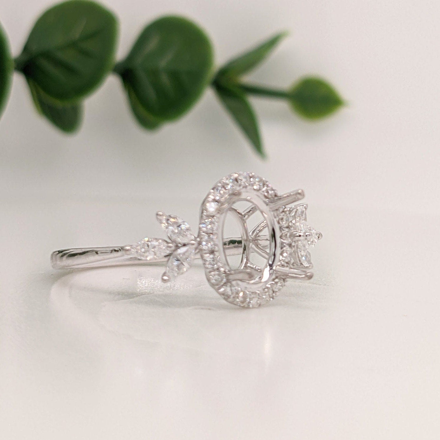 Statement Rings-Leaf Themed Accent Ring Setting W Natural Diamond Halo in 14K Solid Gold | Oval 7x5 8x6 9x7 | Gemstone Ring | Engagement Ring | Customizable - NNJGemstones