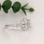 Statement Rings-Leaf Themed Accent Ring Setting W Natural Diamond Halo in 14K Solid Gold | Oval 7x5 8x6 9x7 | Gemstone Ring | Engagement Ring | Customizable - NNJGemstones