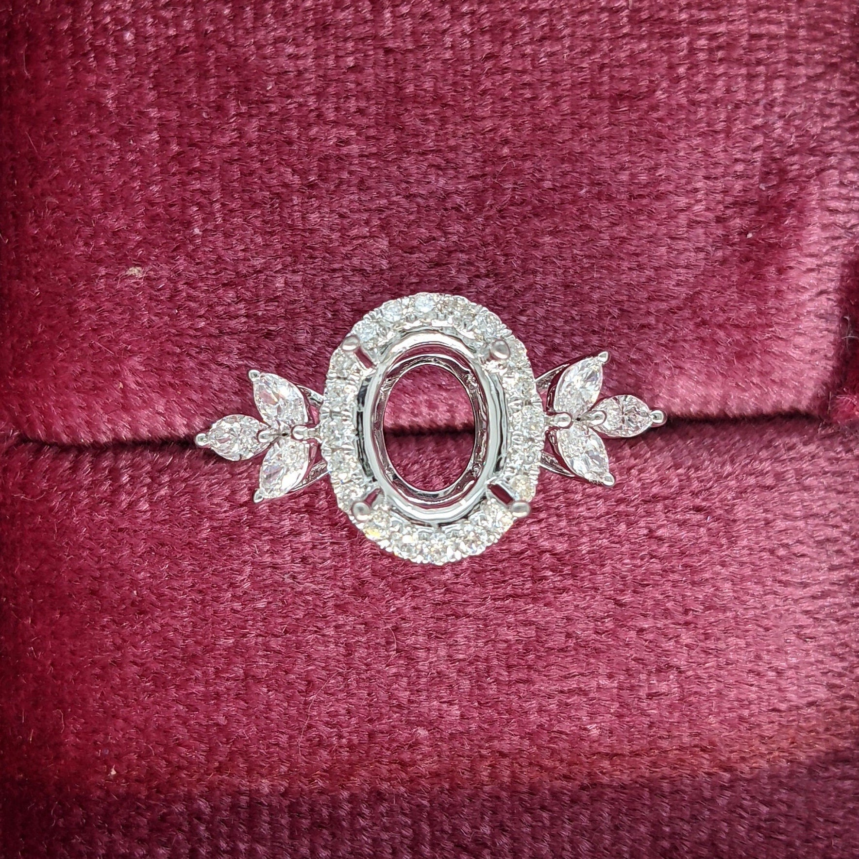 Statement Rings-Leaf Themed Accent Ring Setting W Natural Diamond Halo in 14K Solid Gold | Oval 7x5 8x6 9x7 | Gemstone Ring | Engagement Ring | Customizable - NNJGemstones