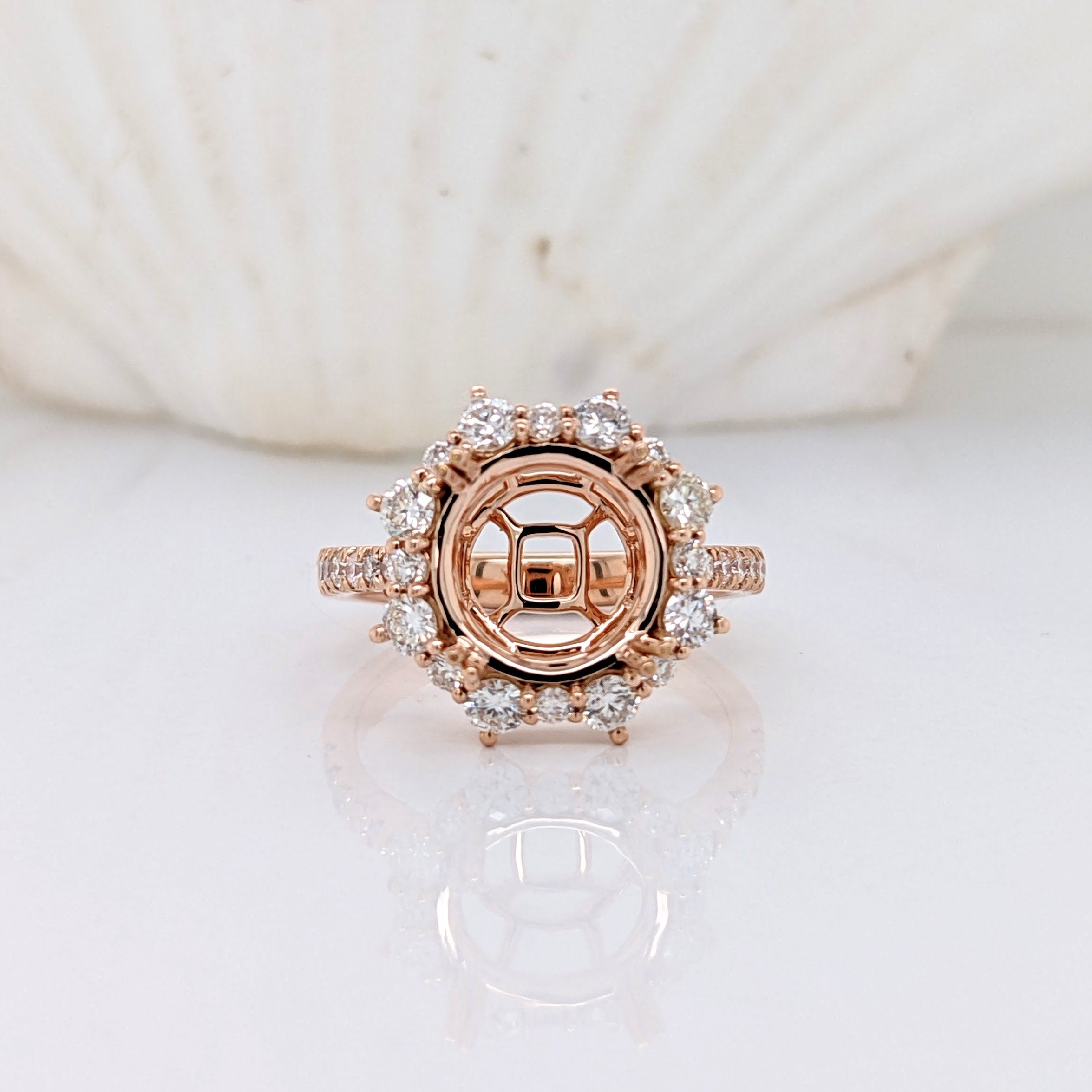 Engagement Rings-Stunning Engagement Ring Semi-Mount in 14k Gold with Diamond Halo | Art Deco | Cushion Asscher Radiant 9mm | Double Prong | Custom Sizes - NNJGemstones