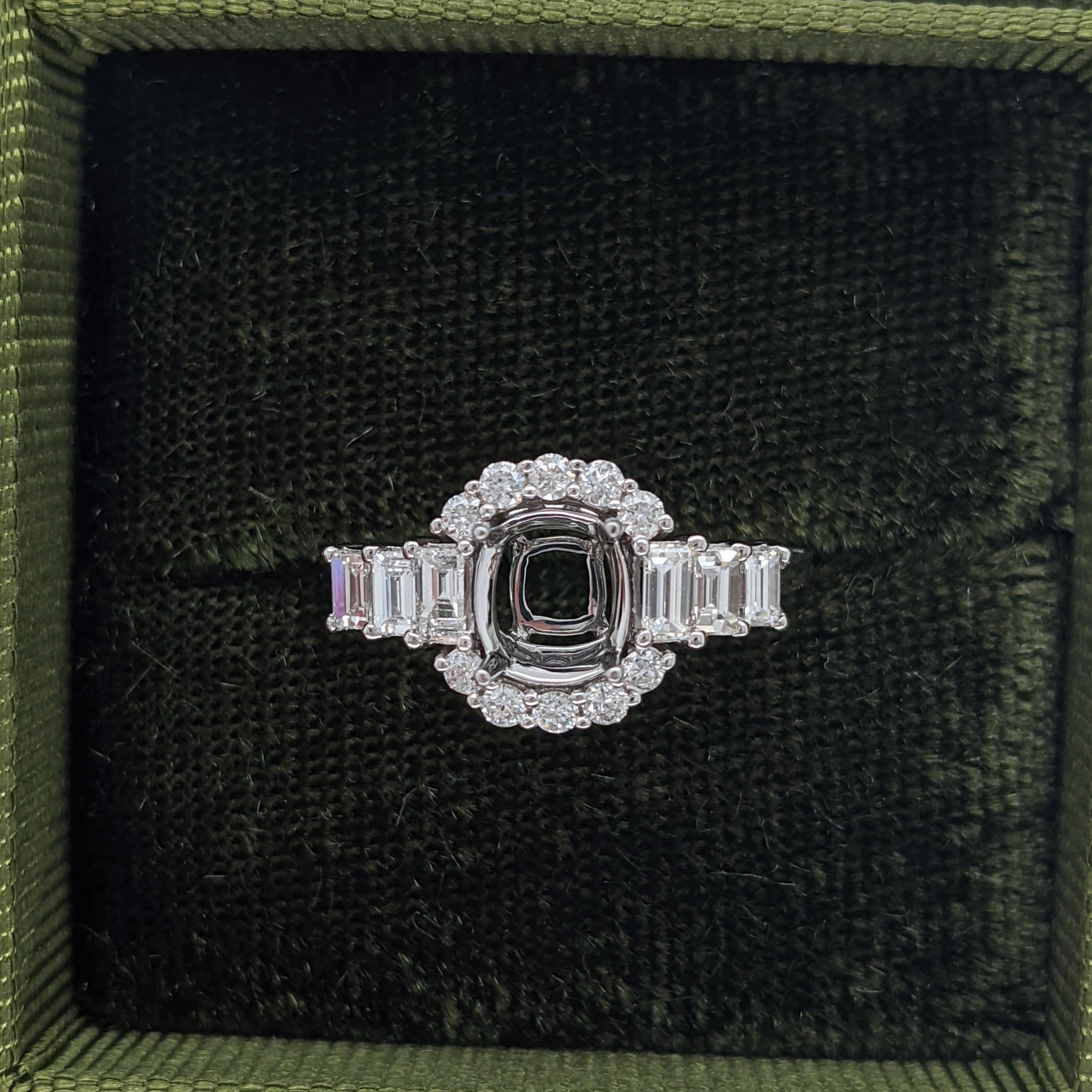 Engagement Rings-Fabulous Art Deco Ring Setting W Baguette and Round Natural Diamond Accents in 14K Solid Gold | Cushion Shape 5x3 6x4 7x5 | Customizable - NNJGemstones