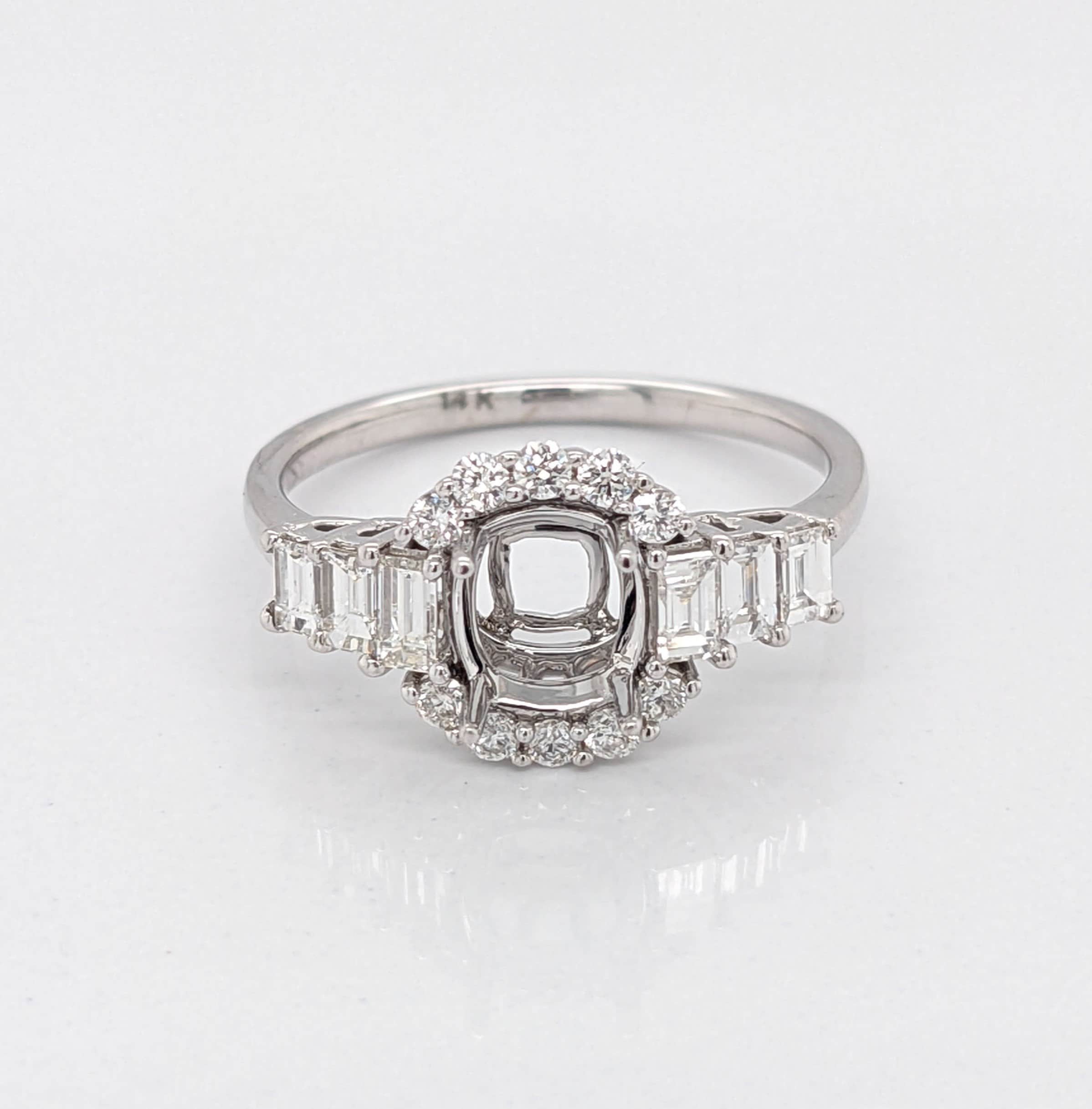 Engagement Rings-Fabulous Art Deco Ring Setting W Baguette and Round Natural Diamond Accents in 14K Solid Gold | Cushion Shape 5x3 6x4 7x5 | Customizable - NNJGemstones