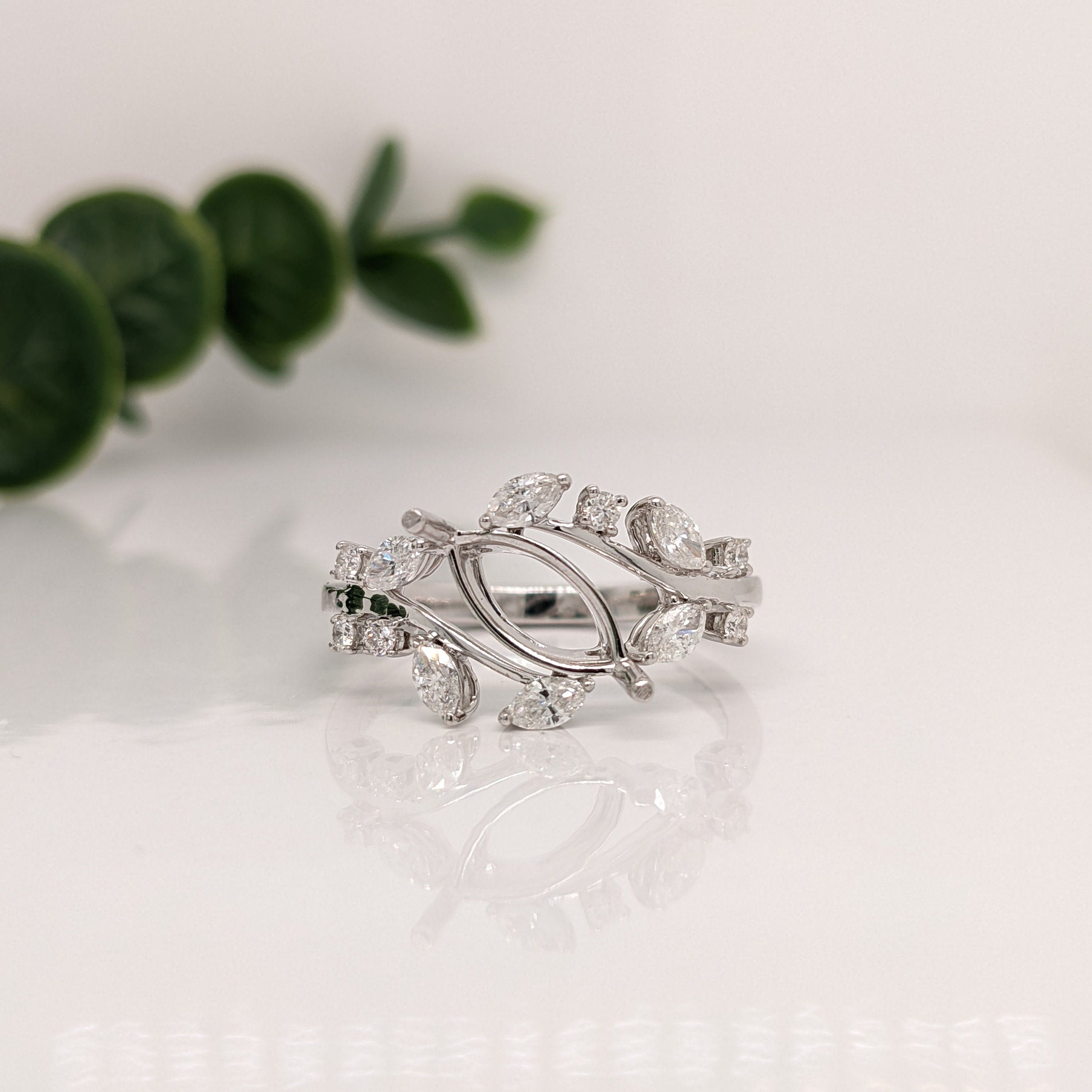 Statement Rings-Nature Inspired Leaf Vine Ring Setting w Natural Diamond Accents in 14K Solid Gold | Marquise 8x4 10x5 12x6 | Bypass Ring | Customizable - NNJGemstones