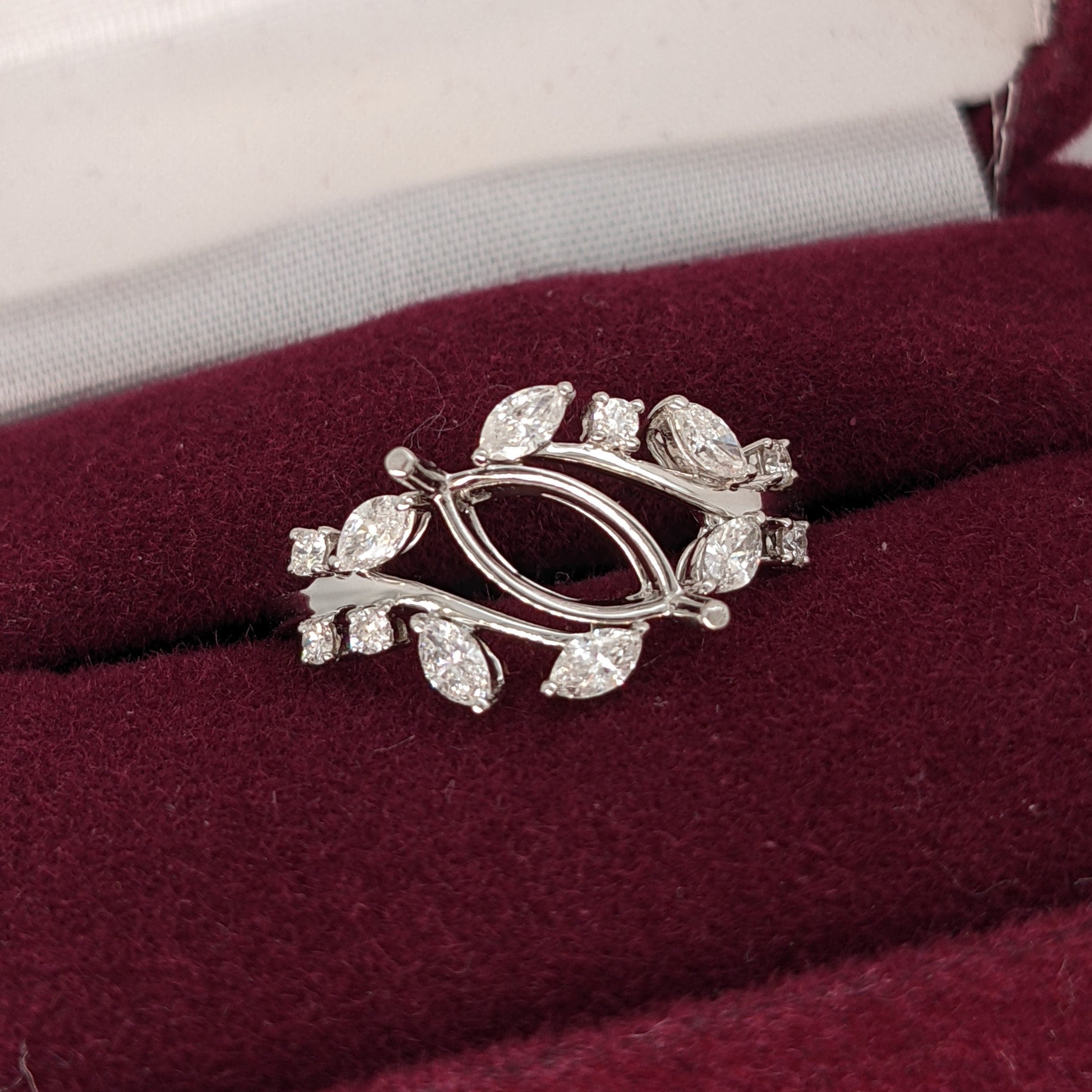 Statement Rings-Nature Inspired Leaf Vine Ring Setting w Natural Diamond Accents in 14K Solid Gold | Marquise 8x4 10x5 12x6 | Bypass Ring | Customizable - NNJGemstones