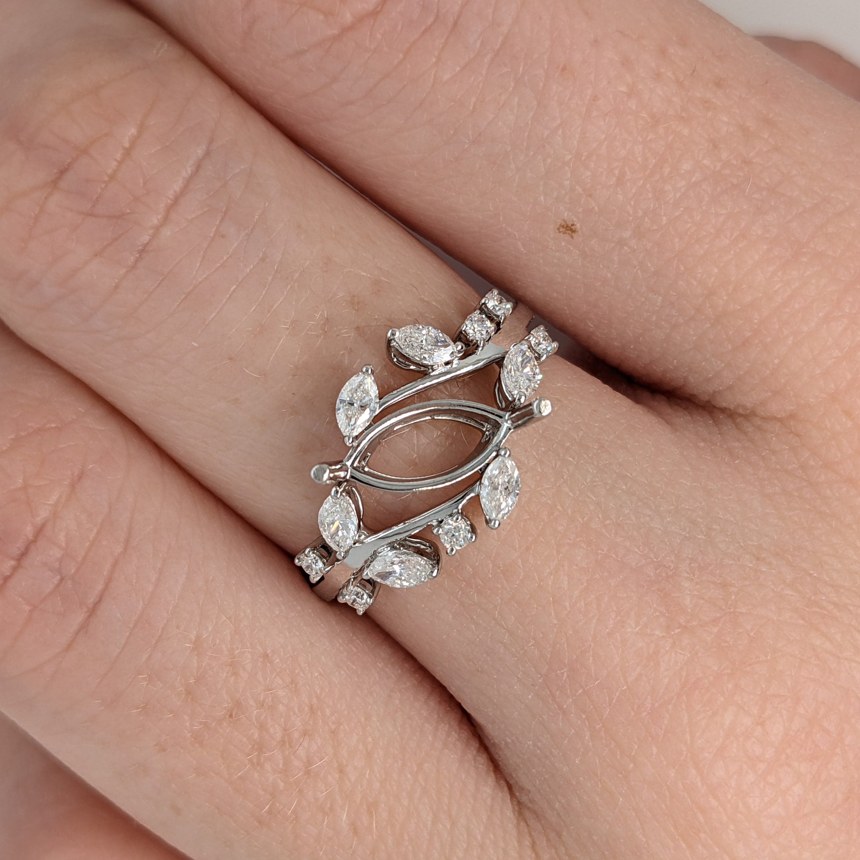 Statement Rings-Nature Inspired Leaf Vine Ring Setting w Natural Diamond Accents in 14K Solid Gold | Marquise 8x4 10x5 12x6 | Bypass Ring | Customizable - NNJGemstones