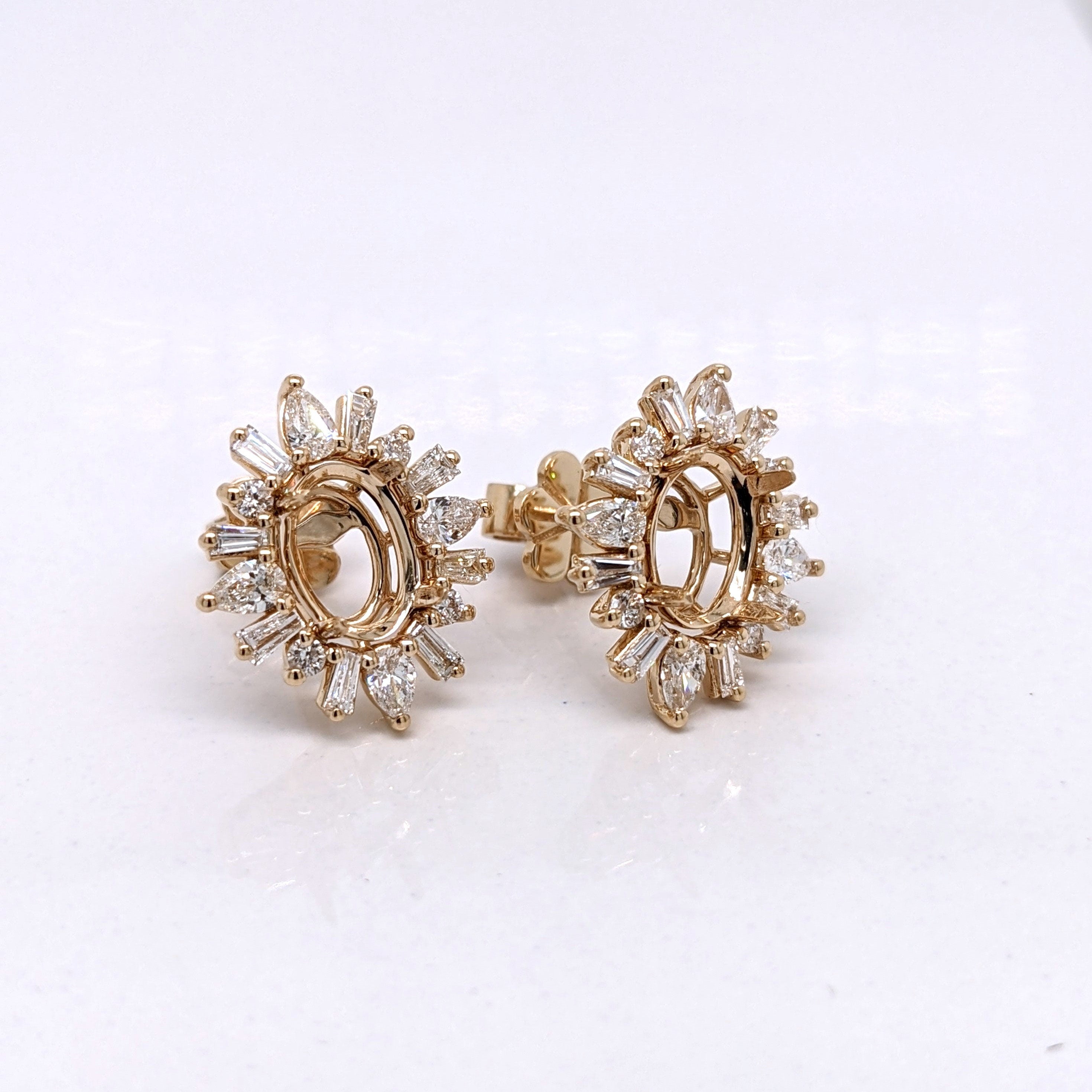 Stud Earrings-Aurora Collection | Mixed Pear, Baguette & Round Diamond Halo Earring Setting in 14k Solid Gold | Oval Cut - NNJGemstones