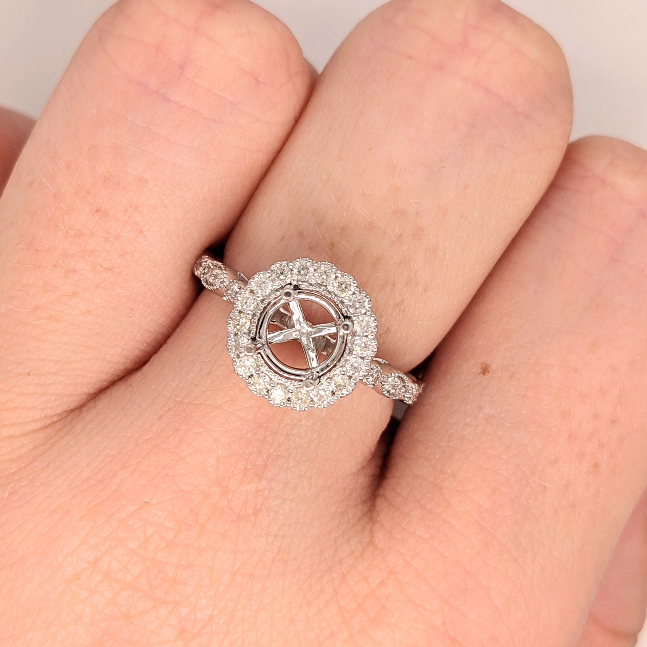 Statement Rings-Vintage Inspired Ring Setting w Natural Diamond Halo in 14K Solid Gold | Round 6.5mm 8mm | Gemstone Ring | Fine Jewelry | Customizable - NNJGemstones