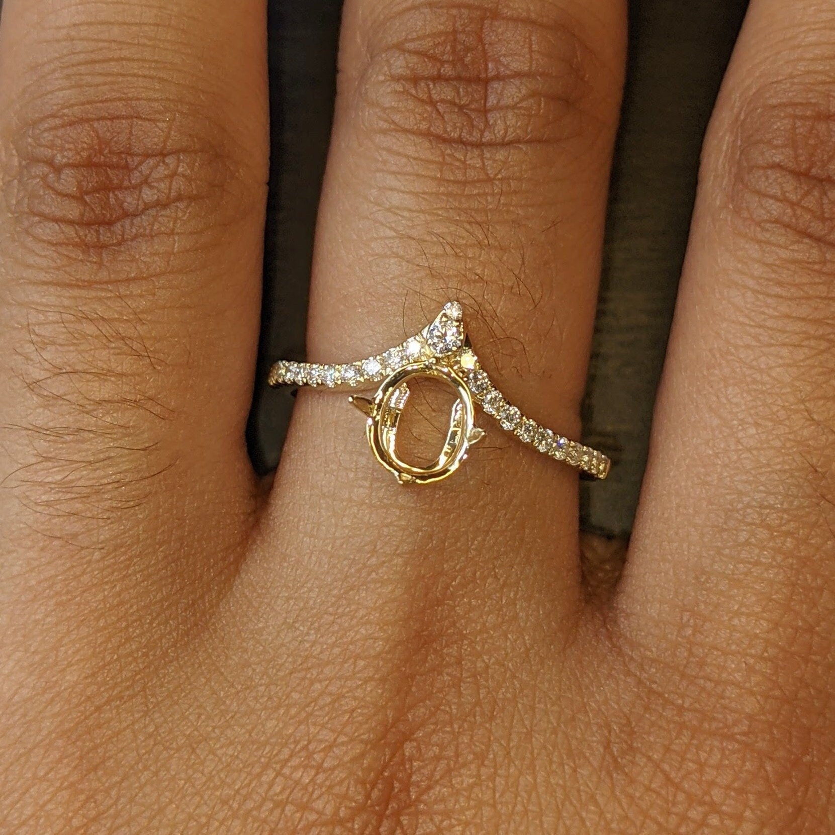 Statement Rings-Minimalistic and Elegant Diamond Studded Oval Semi Mount with Accent Pear Shaped Diamond in 14k Gold | Oval 7x5mm | Stackable Ring - NNJGemstones