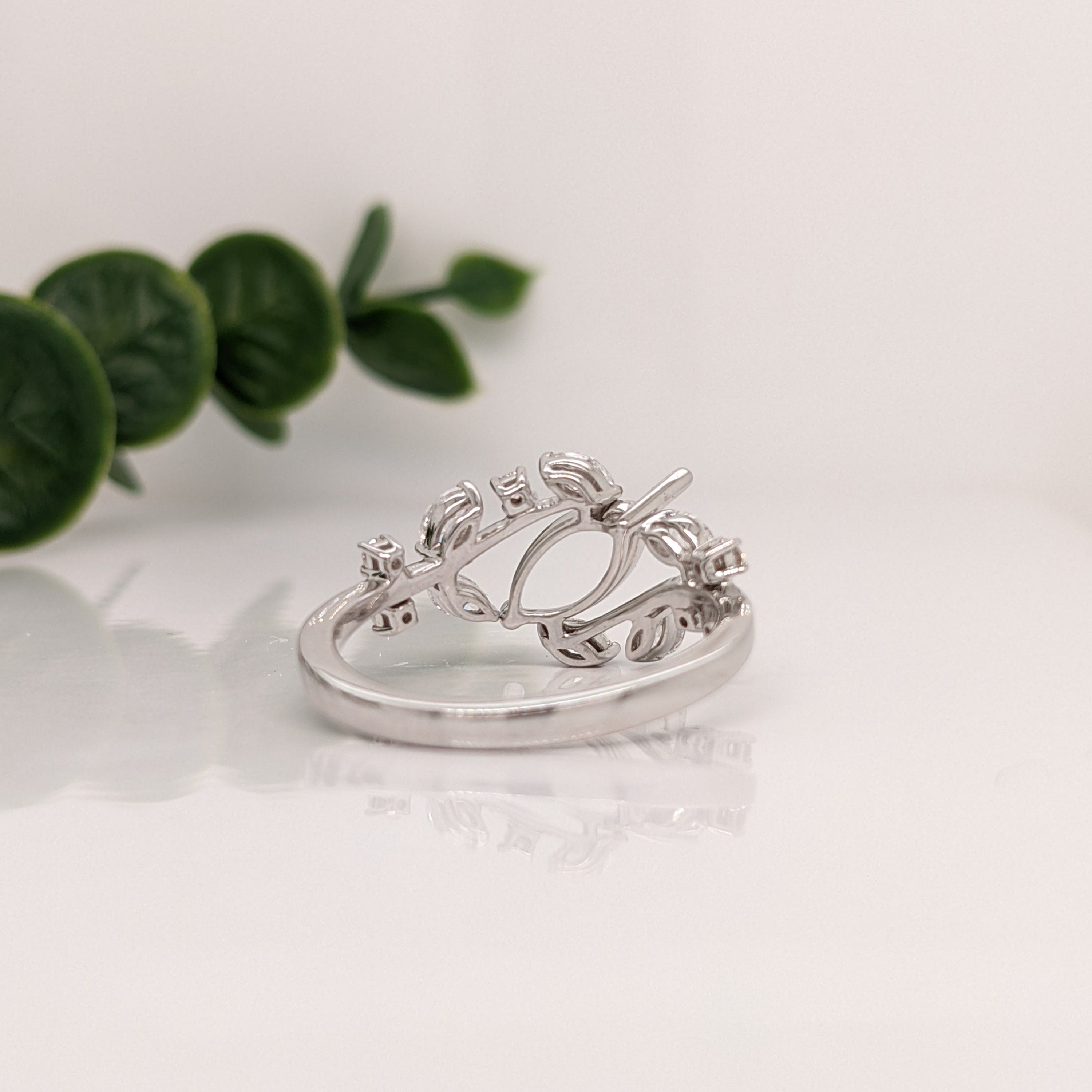 Statement Rings-Nature Inspired Leaf Vine Ring Setting w Natural Diamond Accents in 14K Solid Gold | Marquise 8x4 10x5 12x6 | Bypass Ring | Customizable - NNJGemstones