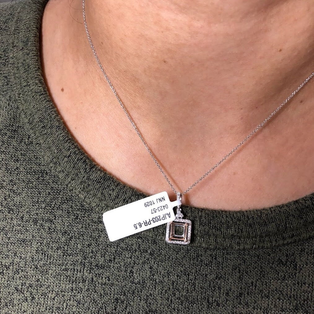 Pendants-Art Deco Pendant Setting W Natural Earth Mined Diamond Accents in 14K Solid Gold | Square Princess Shape 6mm 6.5mm 7mm | Customizable - NNJGemstones