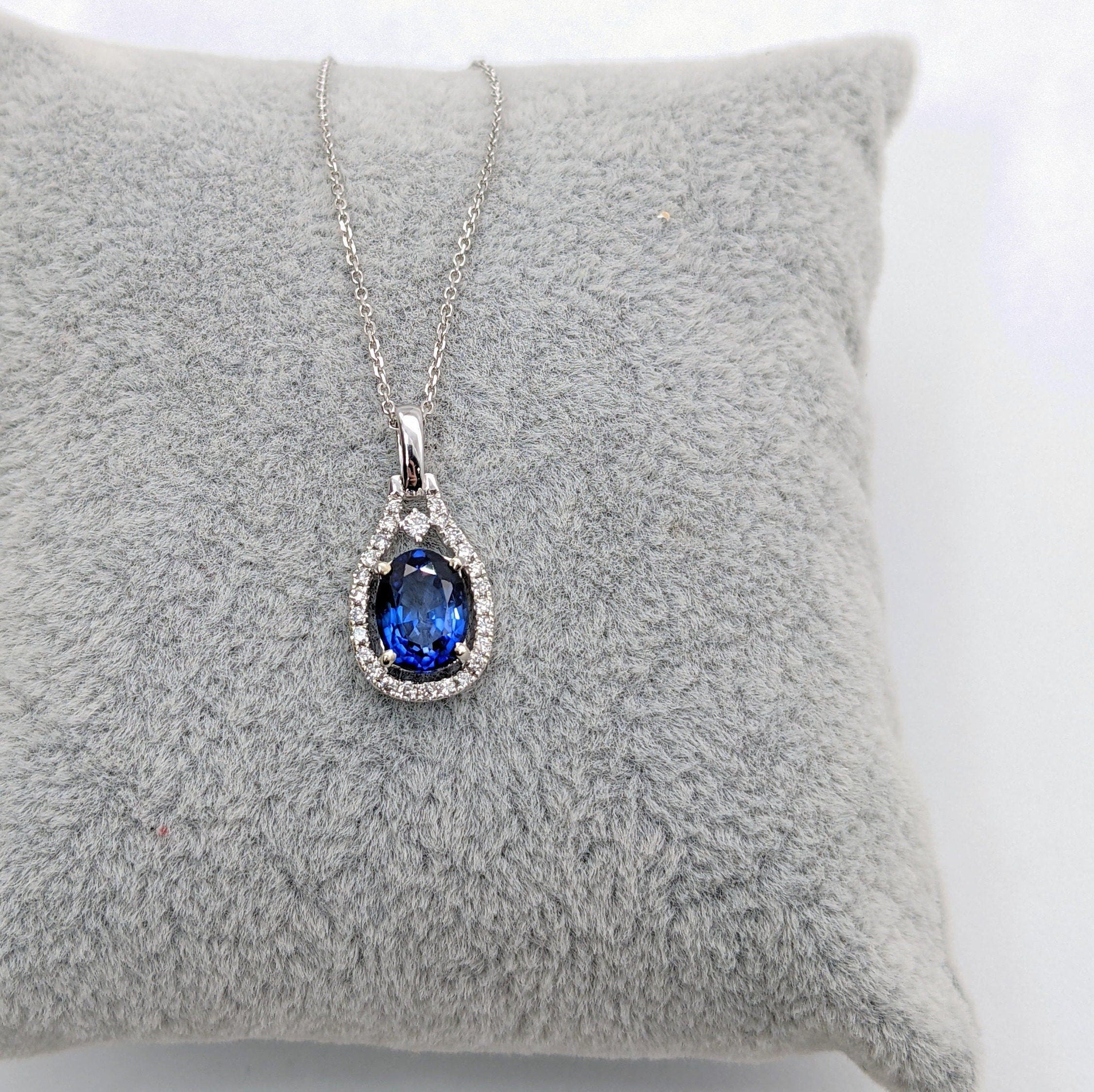 Pendants-Cute Blue Sapphire Pendant with Natural Diamond Accents in 14K Solid Gold | Oval Shape 6x4mm | September Birthstone | Libra | Custom Jewelry - NNJGemstones