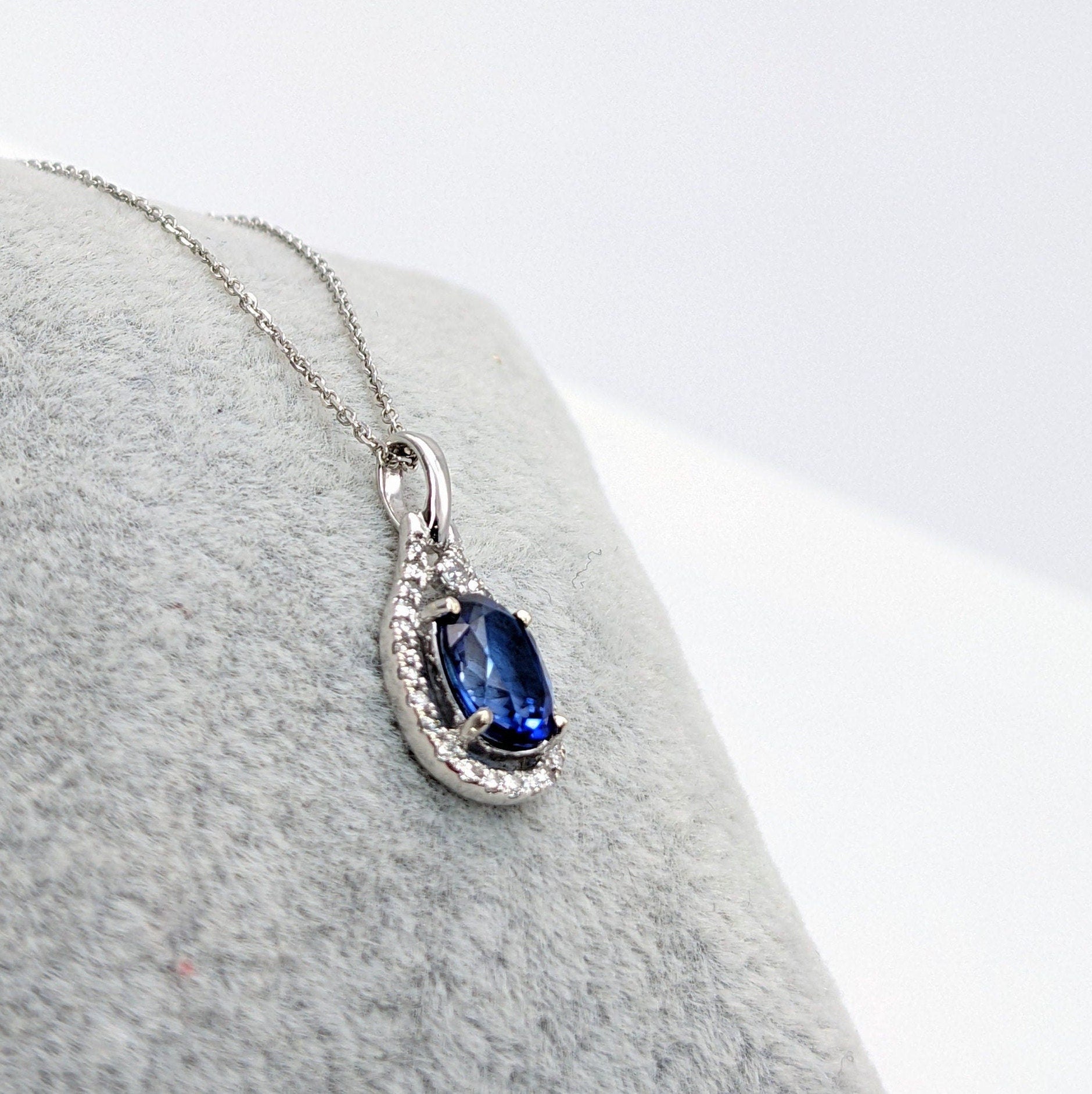 Pendants-Cute Blue Sapphire Pendant with Natural Diamond Accents in 14K Solid Gold | Oval Shape 6x4mm | September Birthstone | Libra | Custom Jewelry - NNJGemstones