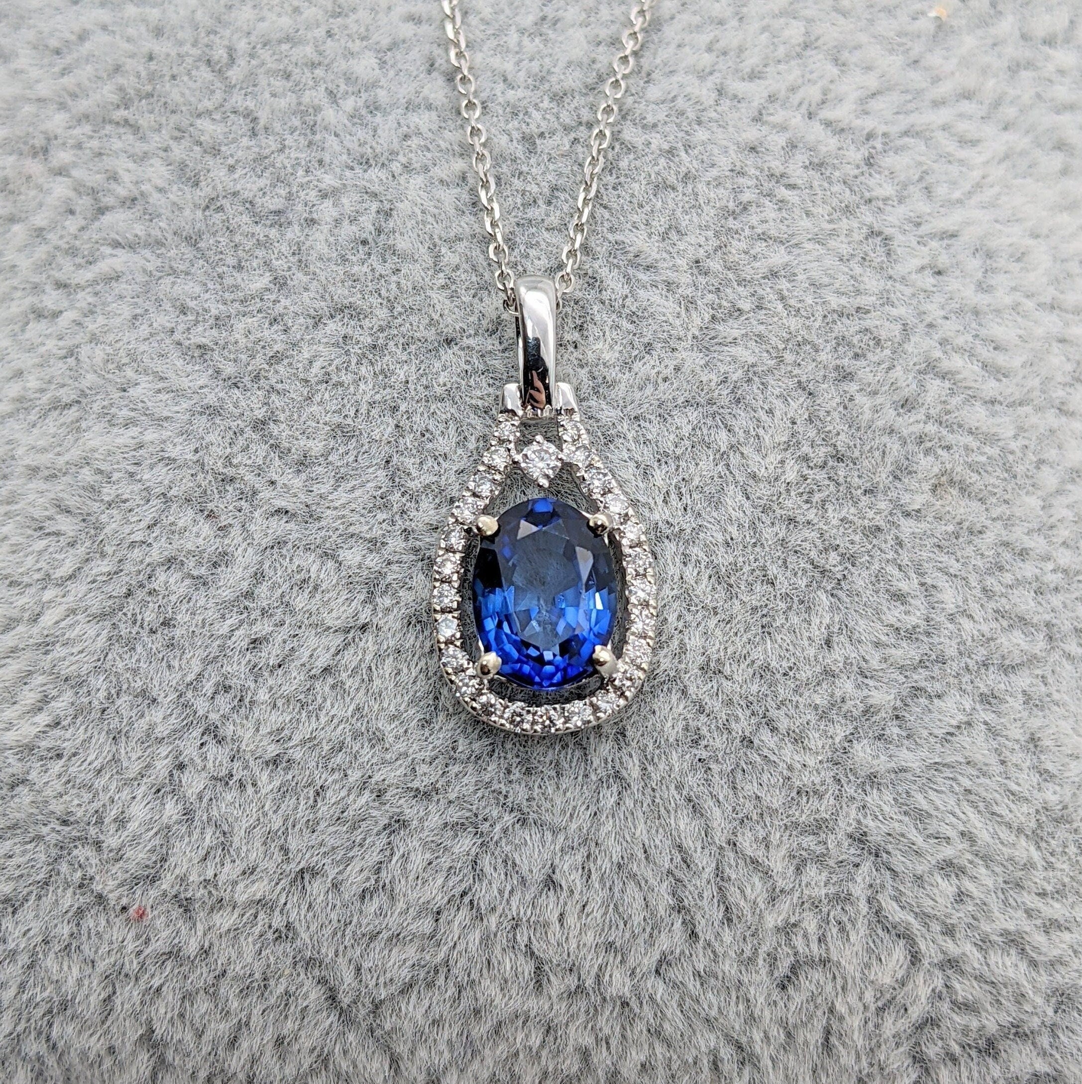 Pendants-Cute Blue Sapphire Pendant with Natural Diamond Accents in 14K Solid Gold | Oval Shape 6x4mm | September Birthstone | Libra | Custom Jewelry - NNJGemstones