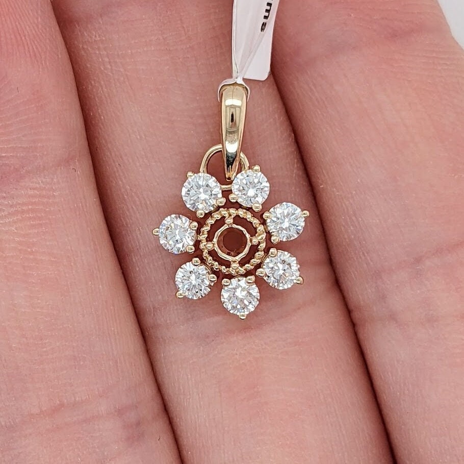Pendants-Floral Pendant Setting W Lab Grown or Natural Diamond Accents in 14K Solid Gold | Round 3mm 4mm 5mm | Gemstone Necklace | Customizable - NNJGemstones