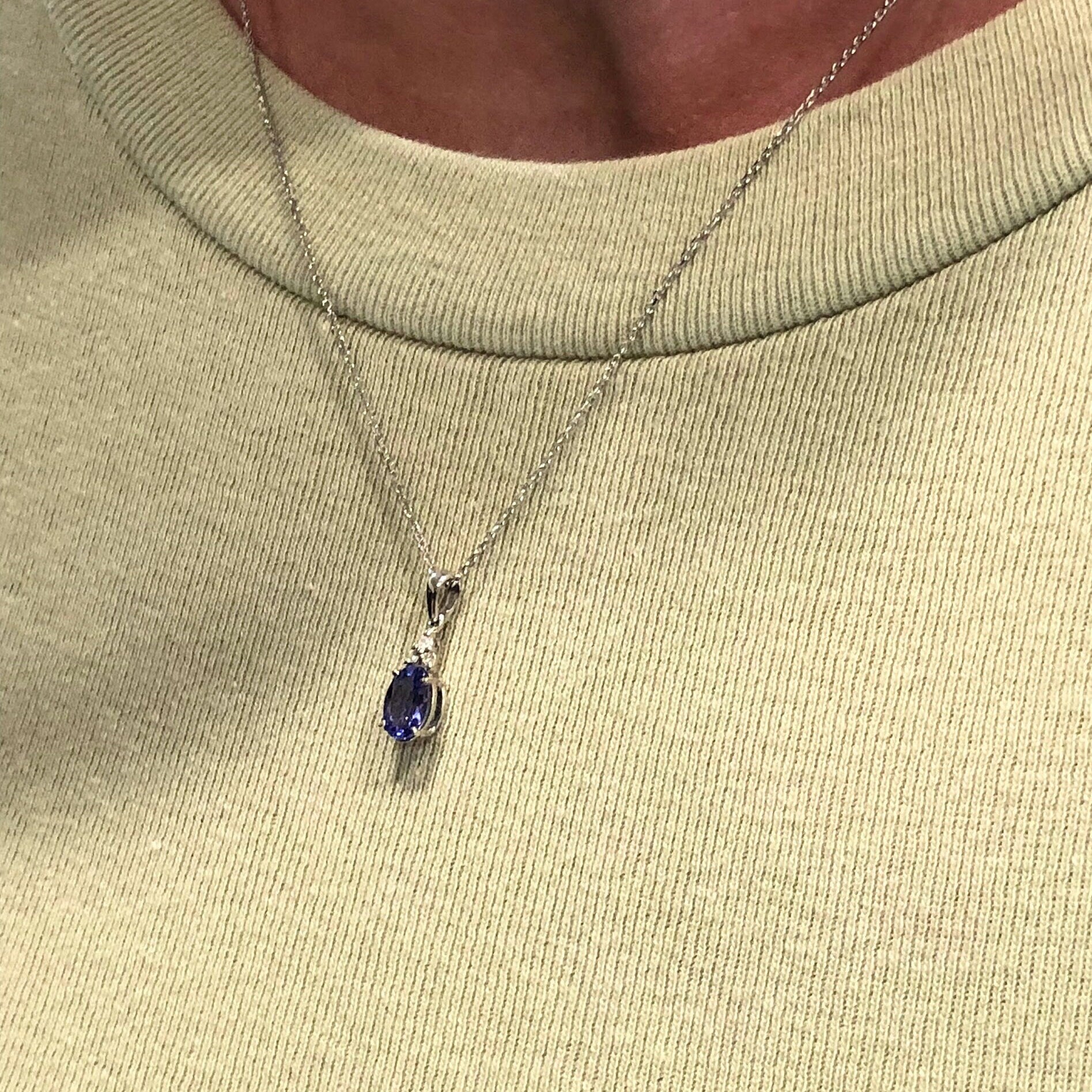 Pendants-Classic Tanzanite Pendant W Natural Diamond Accents in 14K Solid Gold | Oval Shape 7x5mm 8x6mm | December Birthstone | Customizable - NNJGemstones