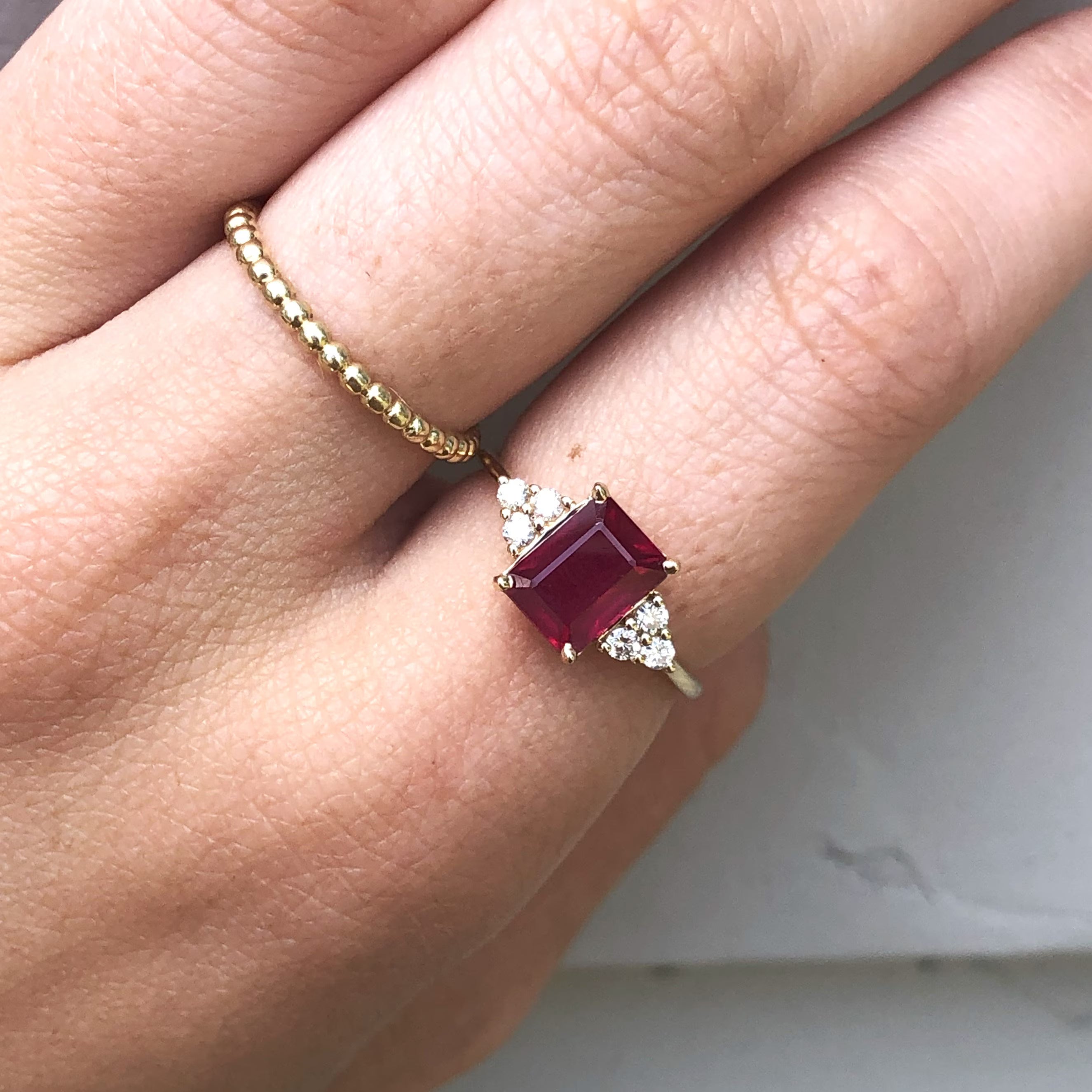 Stunning Bright Red Ruby Ring | Solid 14K Gold | Natural Diamond | Emerald Cut 8x6mm