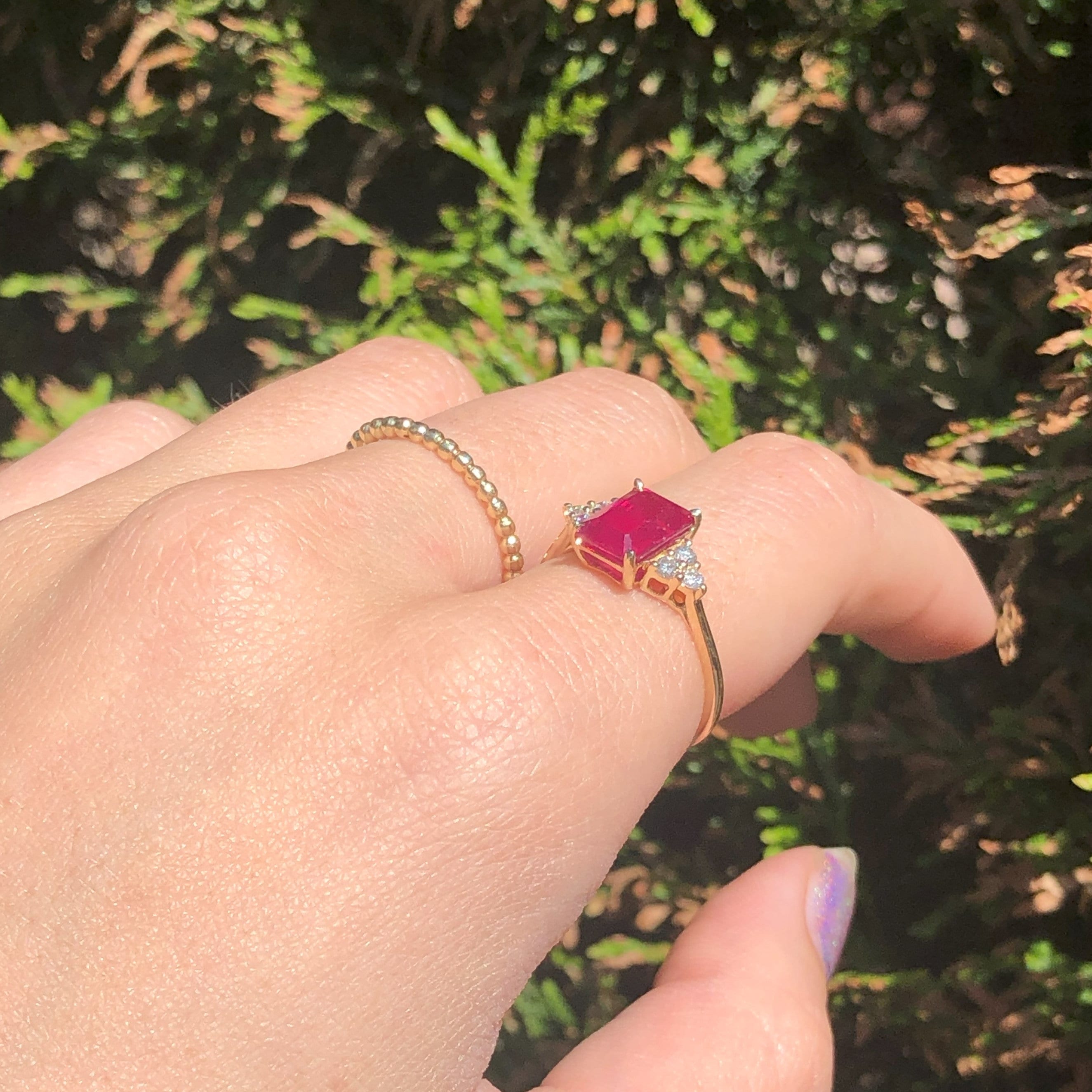 Stunning Bright Red Ruby Ring | Solid 14K Gold | Natural Diamond | Emerald Cut 8x6mm