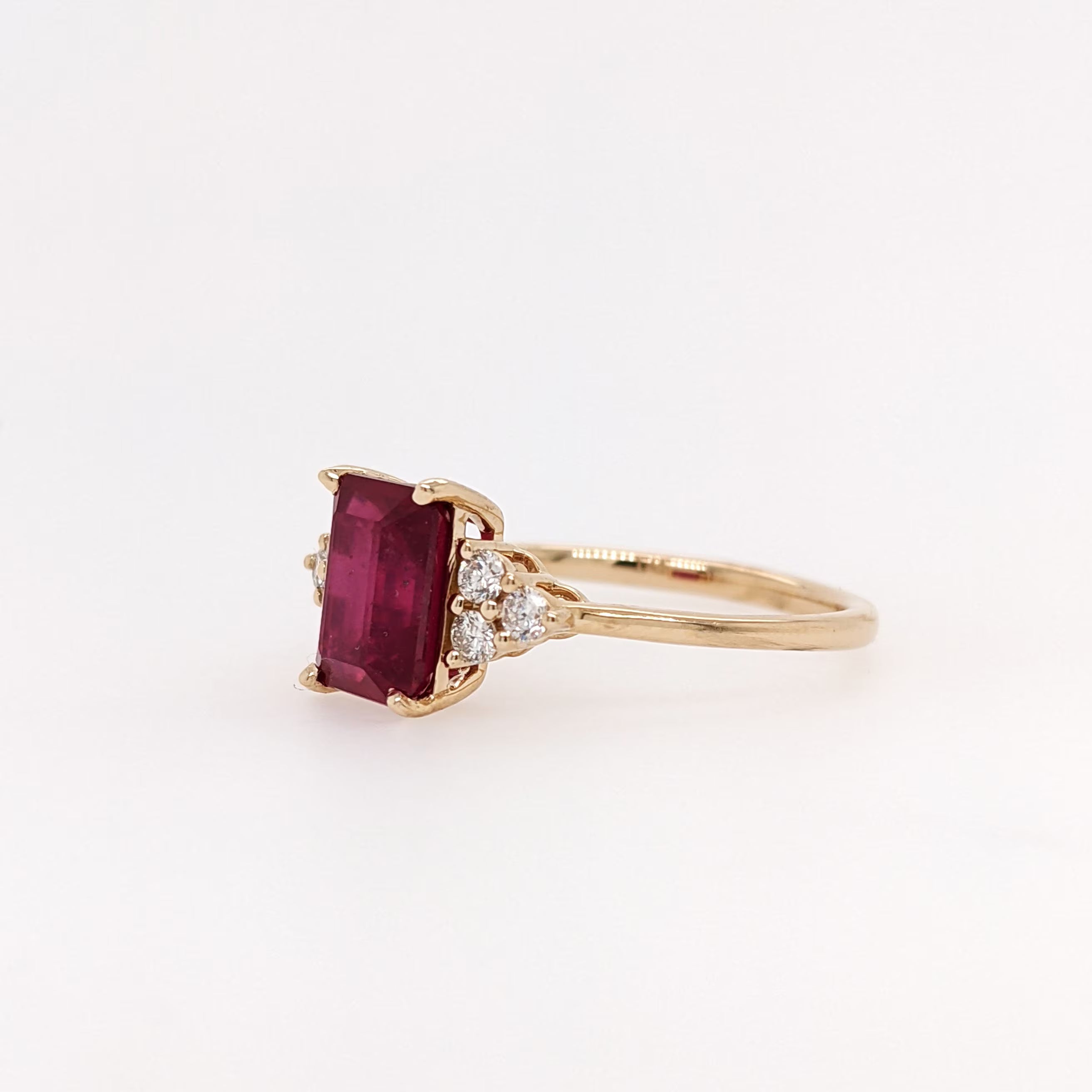 Stunning Bright Red Ruby Ring | Solid 14K Gold | Natural Diamond | Emerald Cut 8x6mm