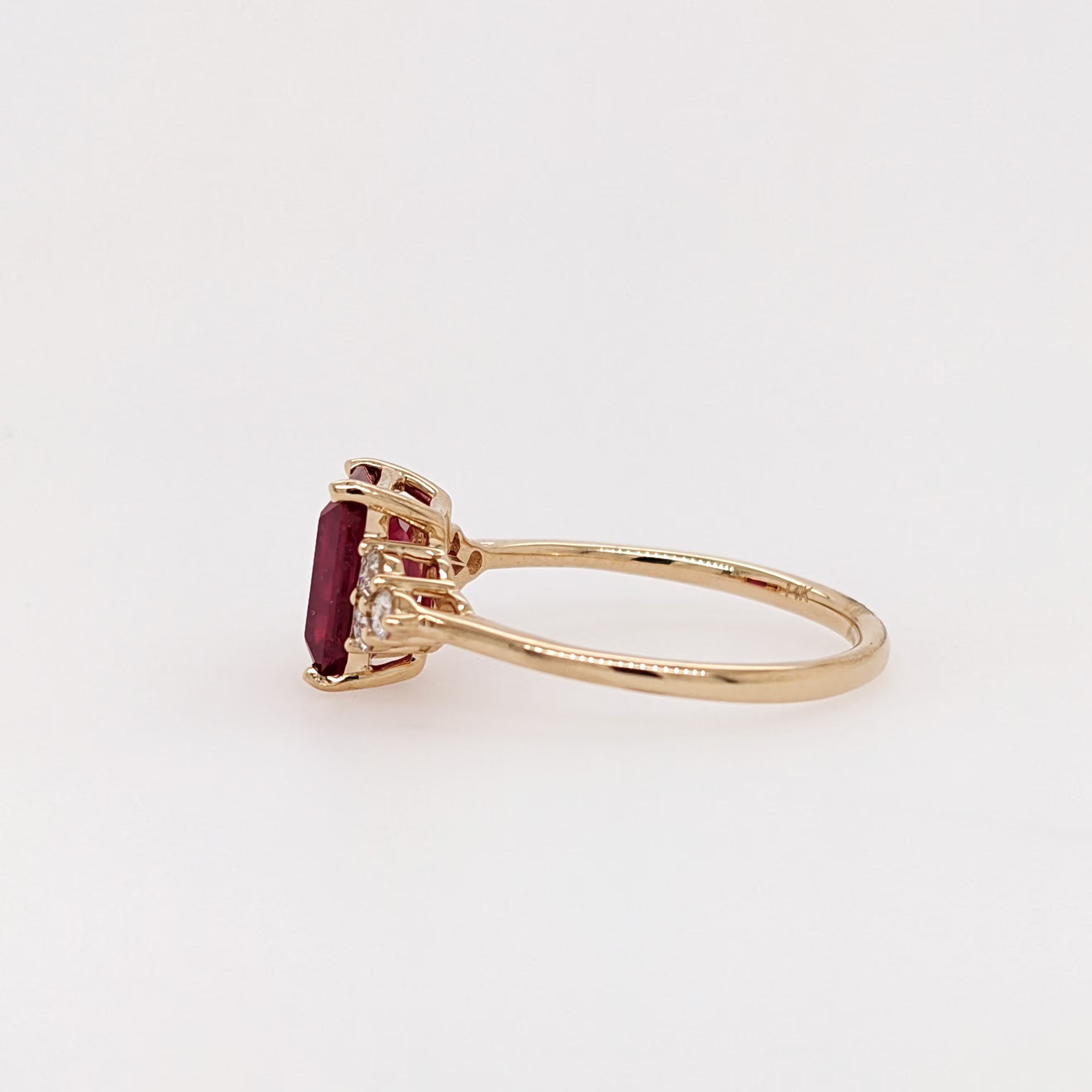 Stunning Bright Red Ruby Ring | Solid 14K Gold | Natural Diamond | Emerald Cut 8x6mm