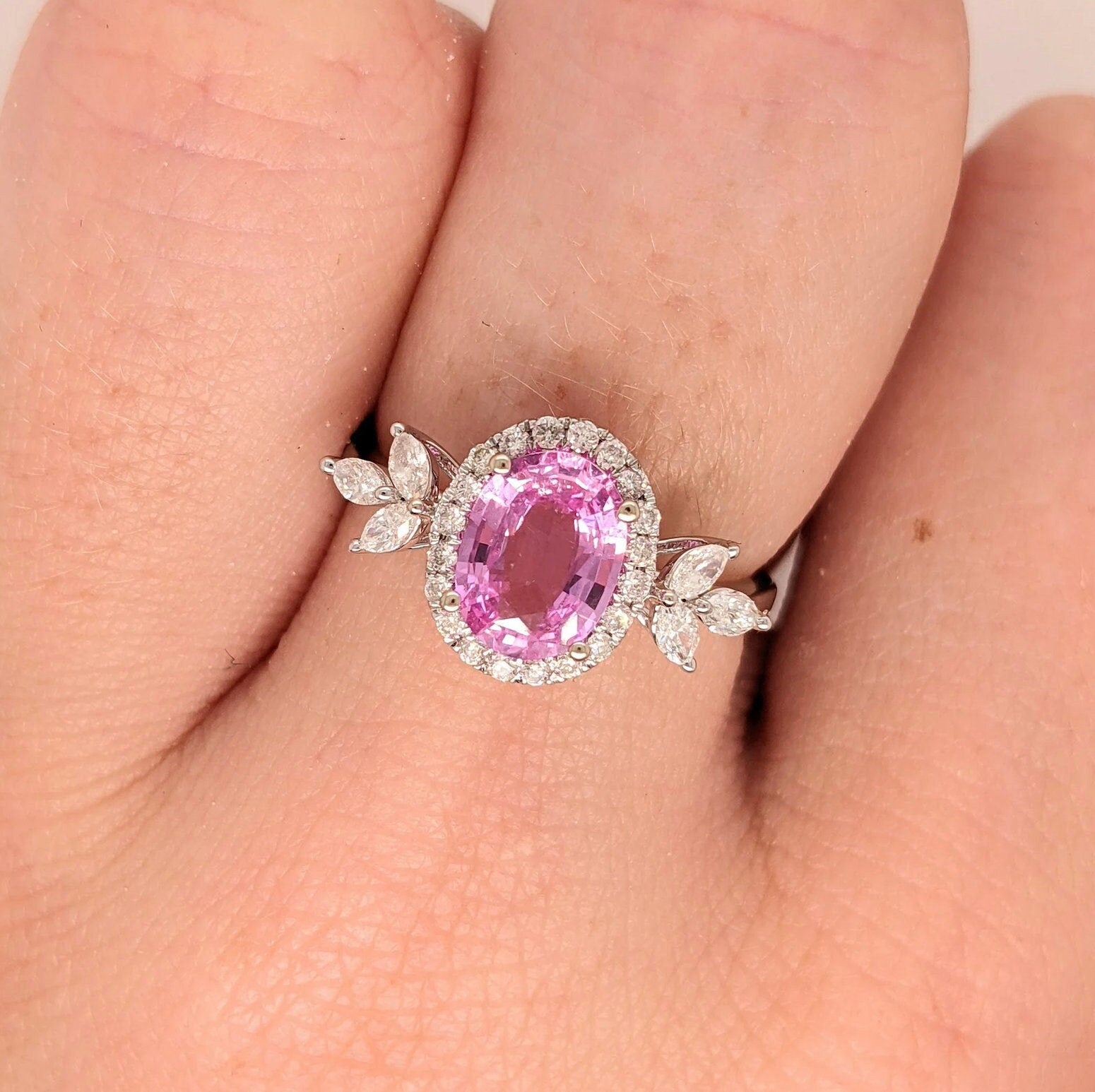 Statement Rings-Leaf Themed Accent Ring Setting W Natural Diamond Halo in 14K Solid Gold | Oval 7x5 8x6 9x7 | Gemstone Ring | Engagement Ring | Customizable - NNJGemstones