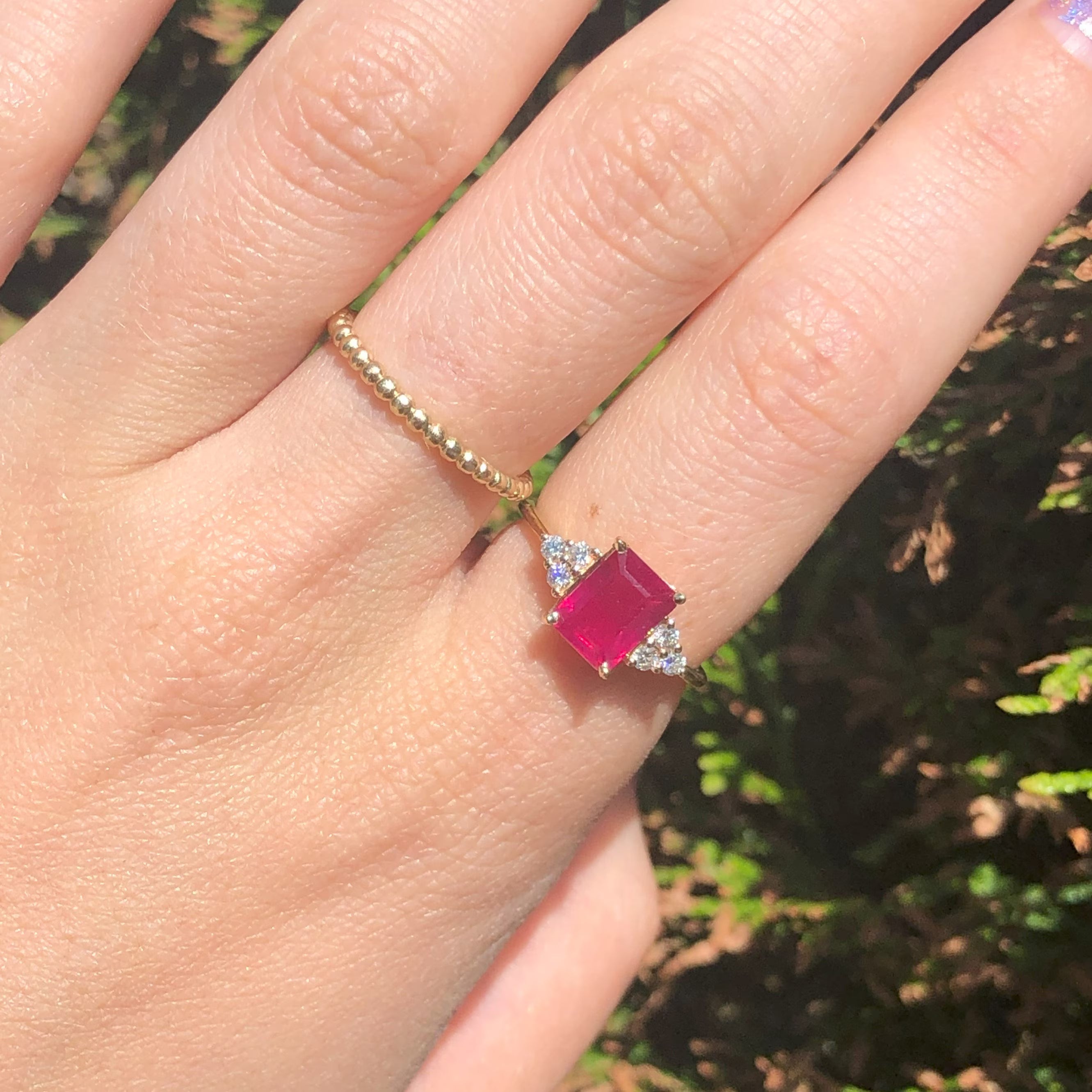 Stunning Bright Red Ruby Ring | Solid 14K Gold | Natural Diamond | Emerald Cut 8x6mm