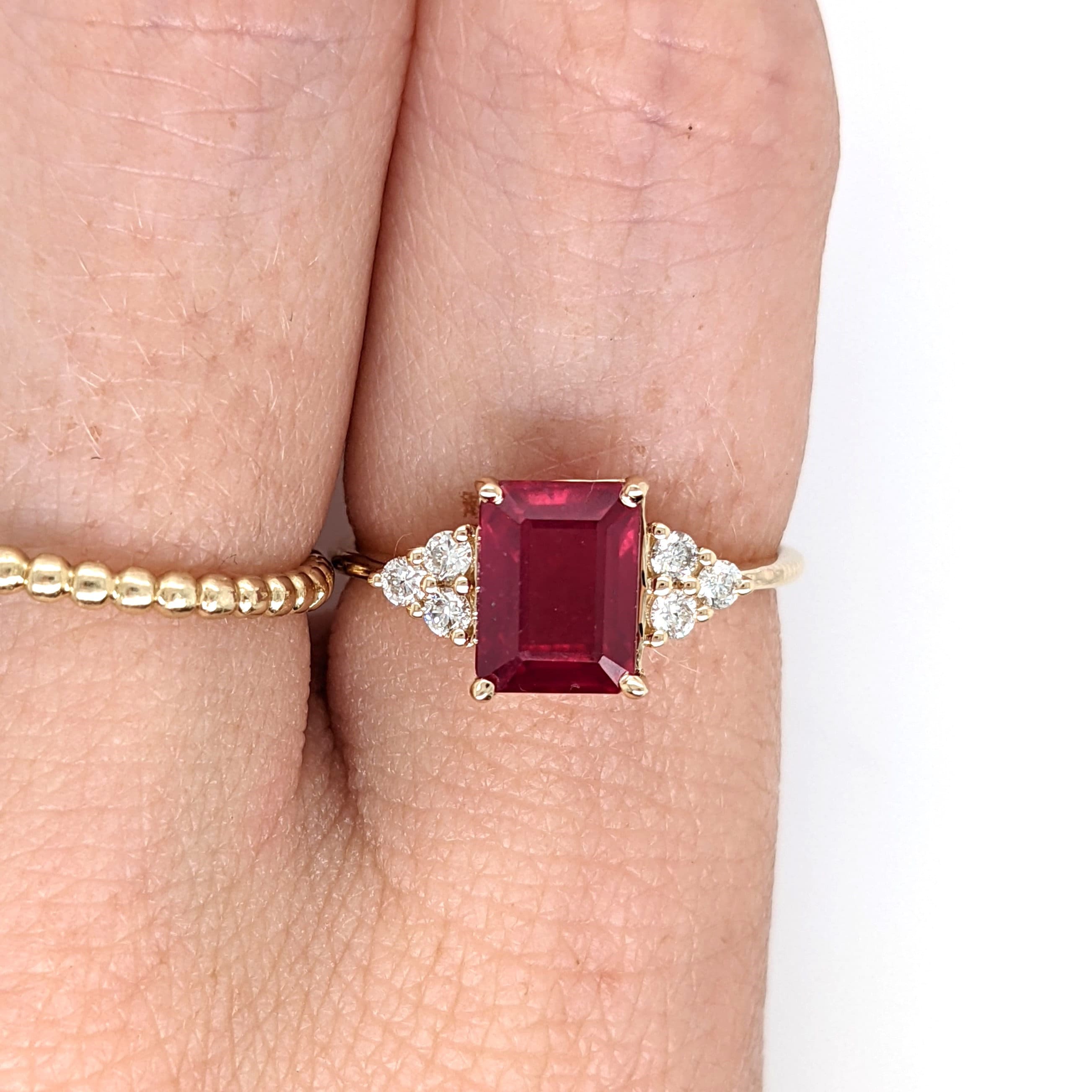 Stunning Bright Red Ruby Ring | Solid 14K Gold | Natural Diamond | Emerald Cut 8x6mm