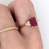 Stunning Bright Red Ruby Ring | Solid 14K Gold | Natural Diamond | Emerald Cut 8x6mm
