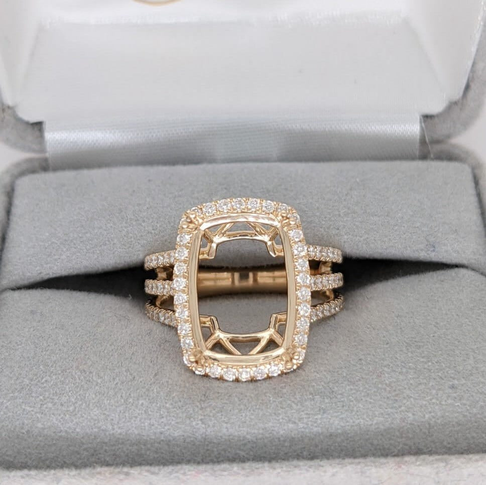 Engagement Rings-Statement Ring Setting w Natural Diamond Halo in 14K Solid Gold | Cushion 14x10mm I Triple Split Shank | Engagement Ring | Customizable - NNJGemstones