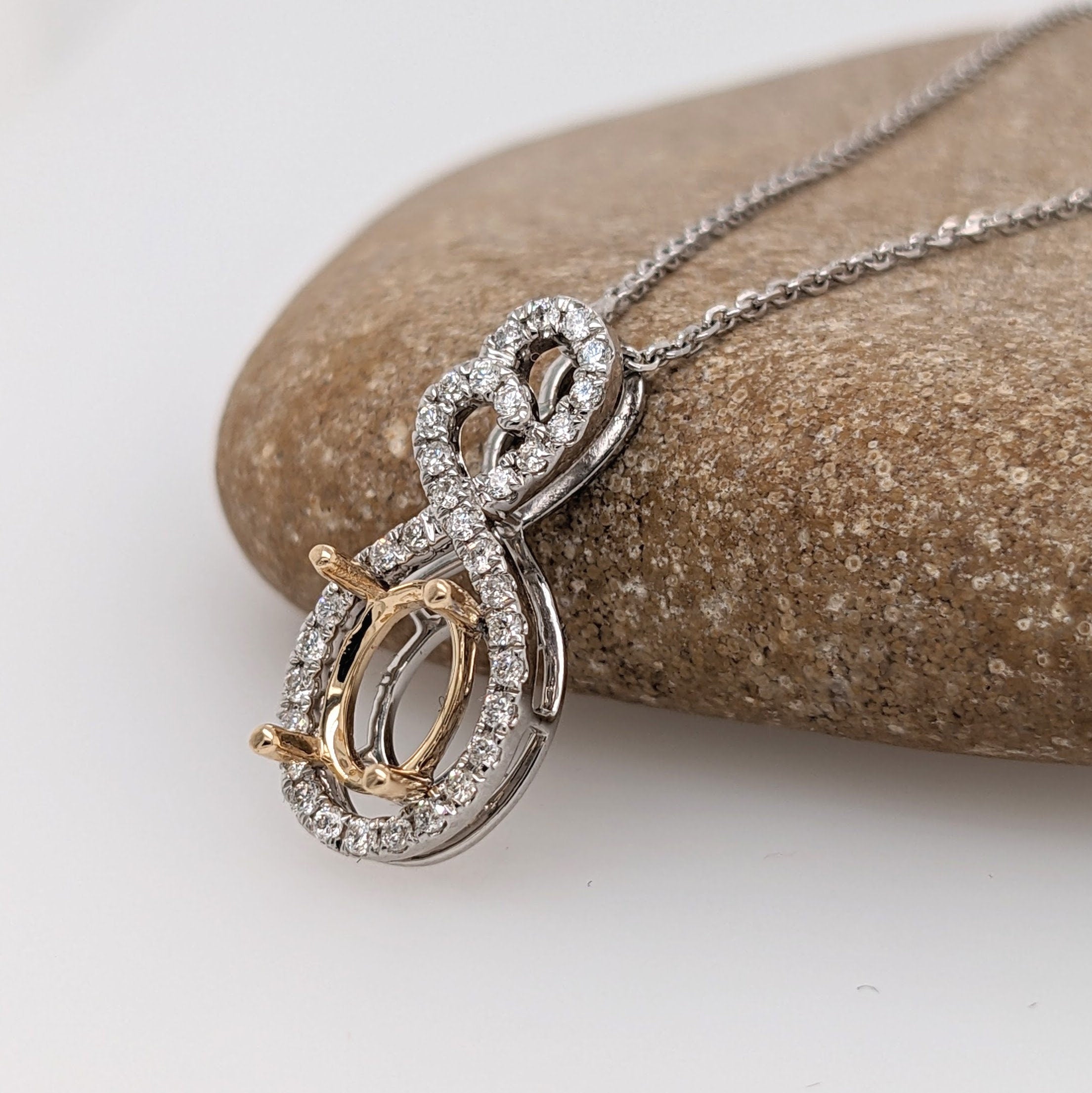 Pendants-Infinity Sweetheart Pendant Setting W Natural Diamond Accents in 14K Solid Gold | Oval Shape 6x4 7x5 8x6 | Dainty Jewelry | Customizable - NNJGemstones