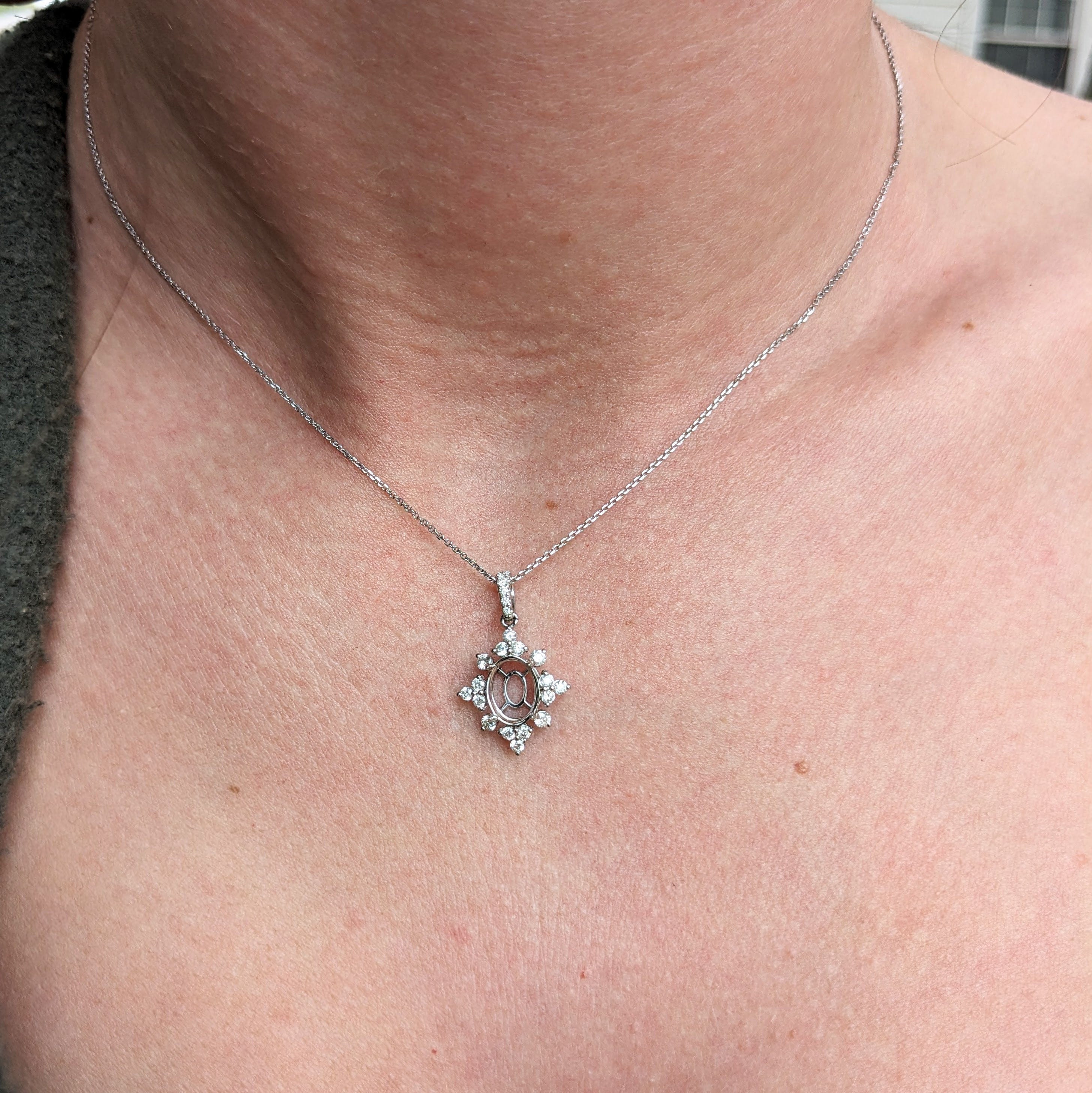 Pendants-Snowflake Design Pendant Setting W Natural Diamond Accents in 14K Solid Gold | Oval Shape 8x6 9x7 10x8 | Dainty Jewelry | Customizable - NNJGemstones