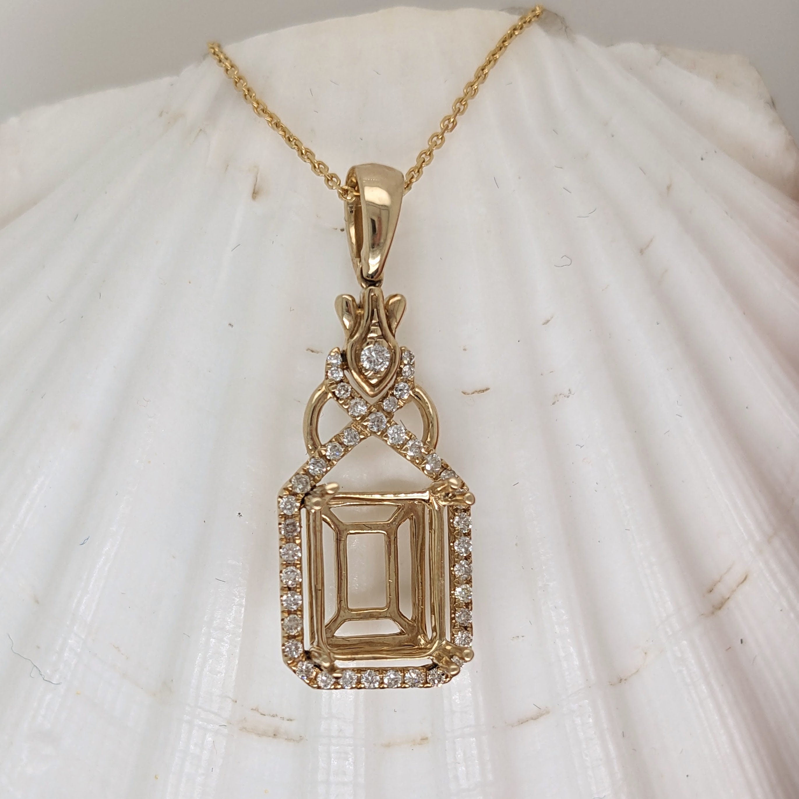 Pendants-Charming Art Deco Pendant Setting W Natural Diamond Accents in 14K Solid Gold | Emerald Cut 9x7 10x8 11x9 14x12 | Customizable - NNJGemstones